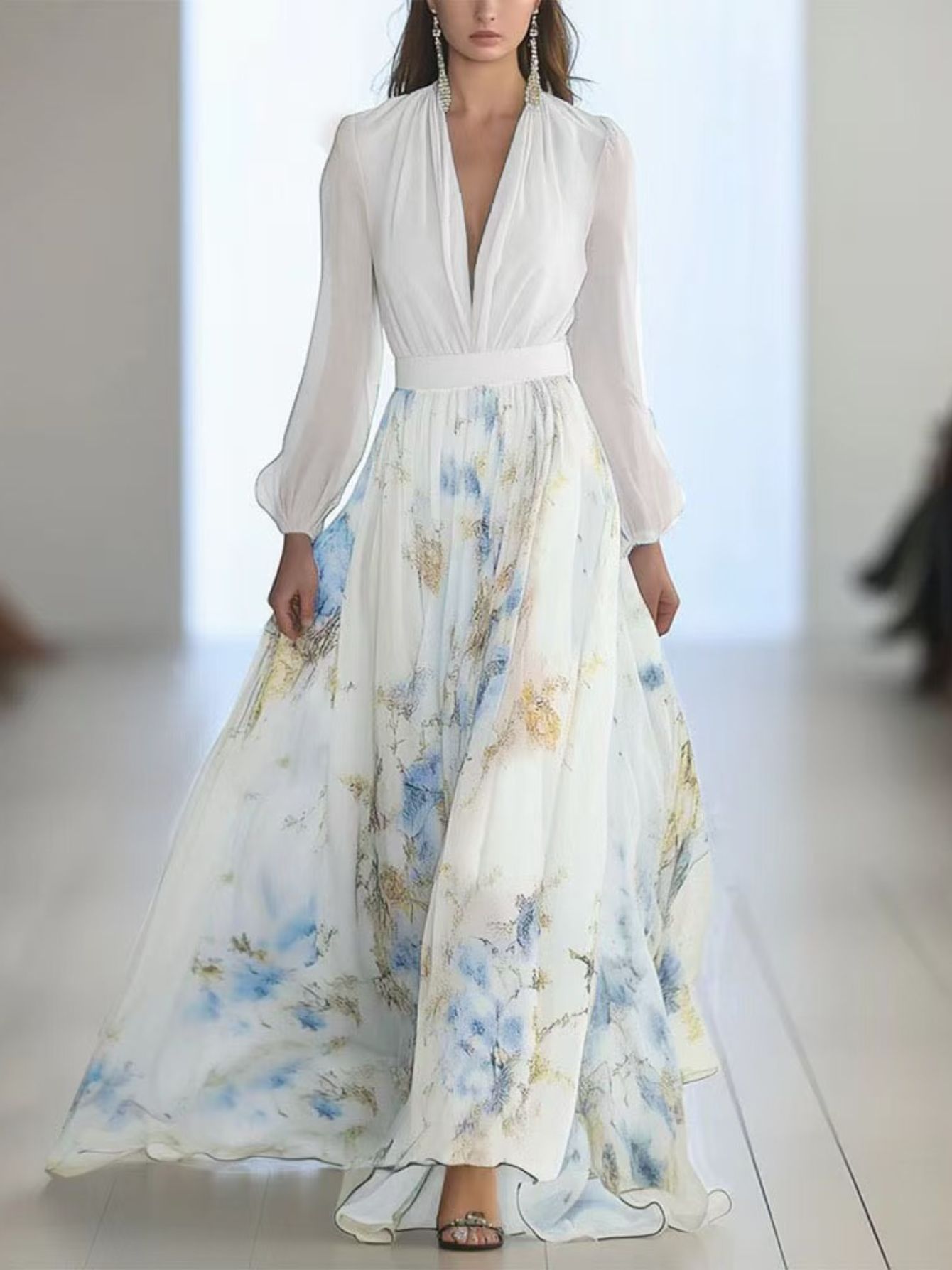 Elegant Women's Bohemian Floral Print V-Neck Long Sleeve Dress - Lightweight Flowy A-Line Maxi with Puff Sleeves, Machine Washable, for Spring Summer Fall Casual & Formal Events, Parties, Dates, Date Night Outfit, Party Attir