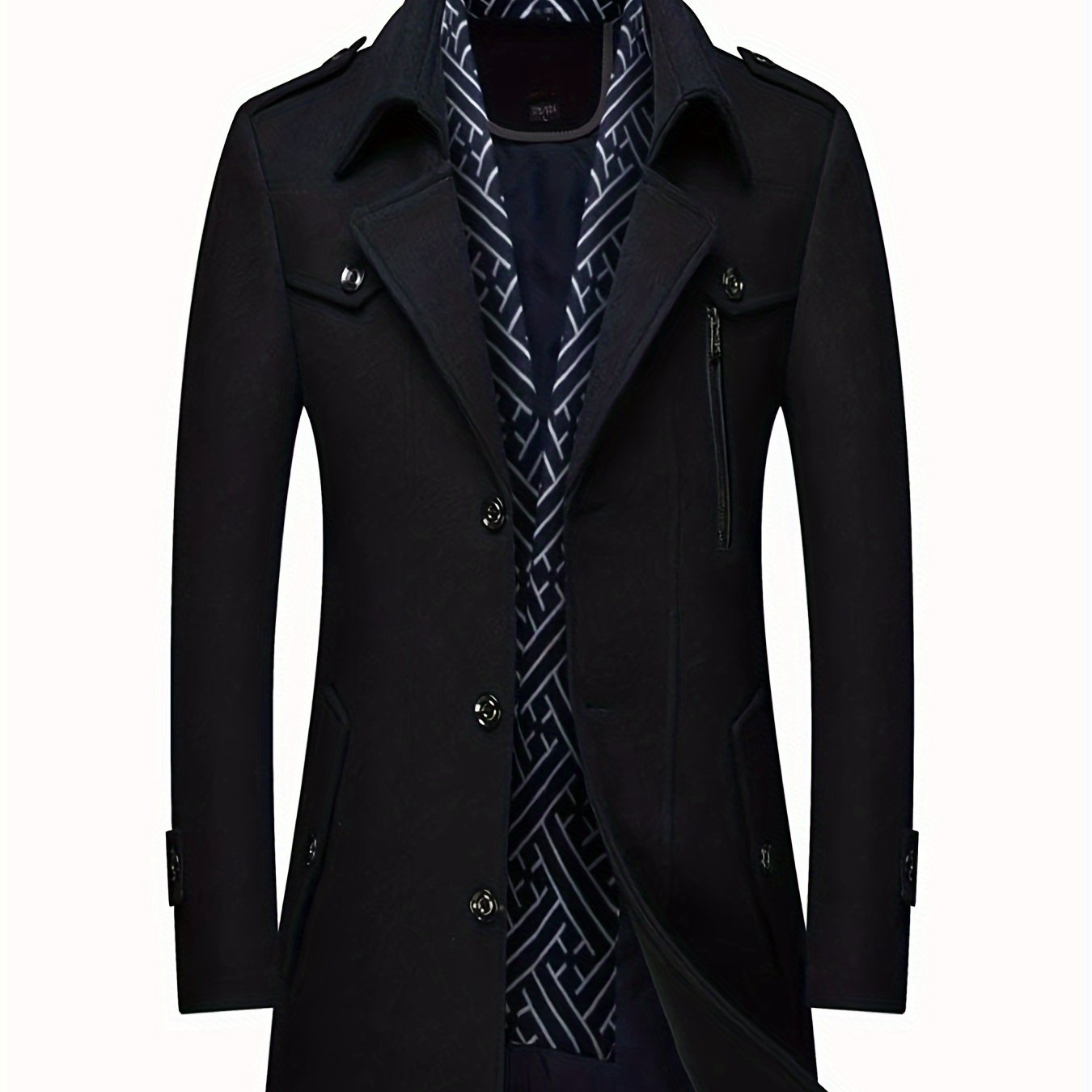 Mens Wool Blend Winter Coat With Detachable Scarf Collar Single Breasted Trench Coat For Cold Weather