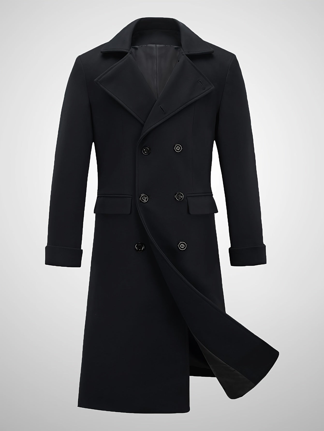 Mens Classic Long Trench Coat Double Breasted Pea Coat Warm Winter Overcoat With Pockets