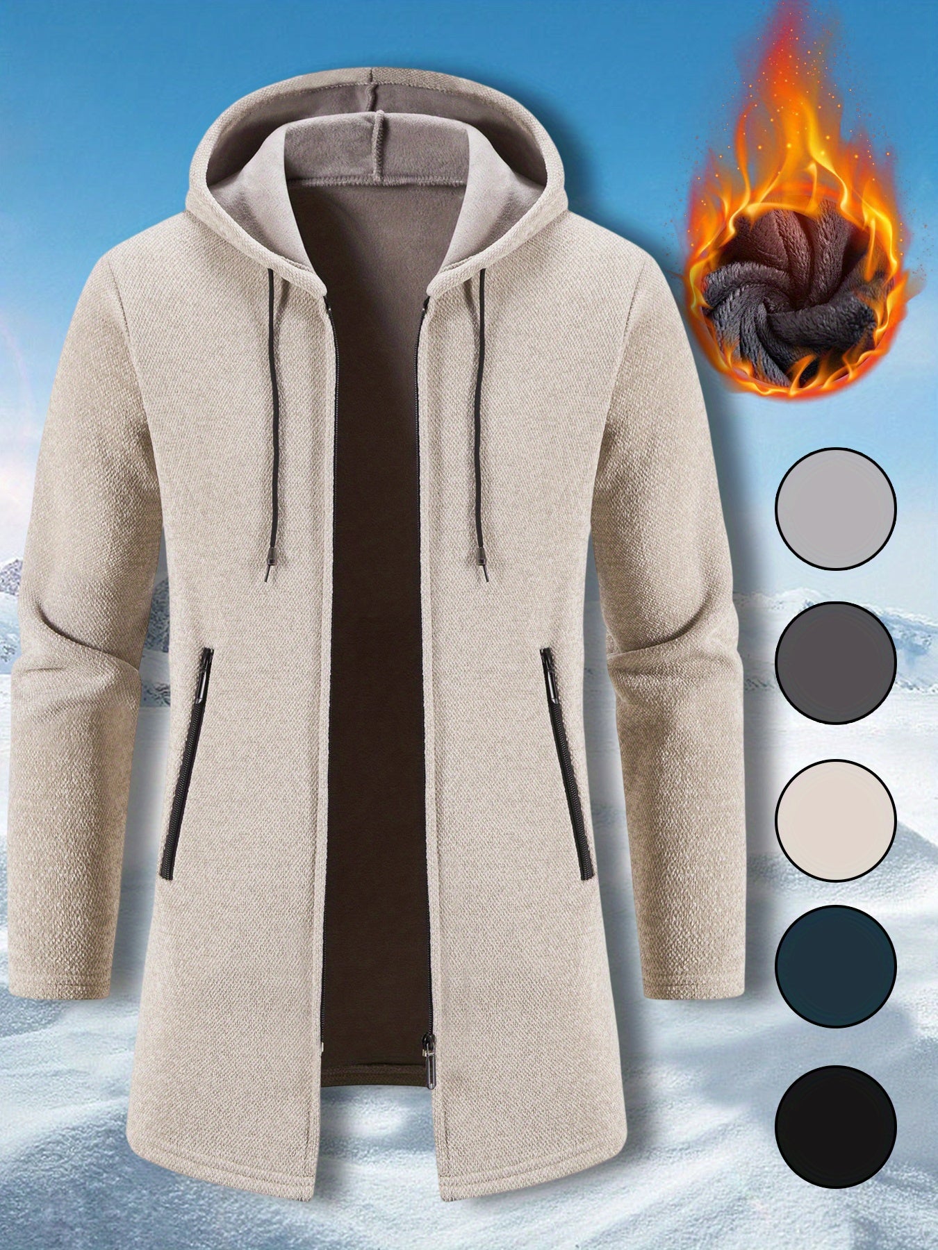 Men's Mid Length Hooded Jacket With Zipper Closure Front Pockets And Split Hem Durable Polyester Coat