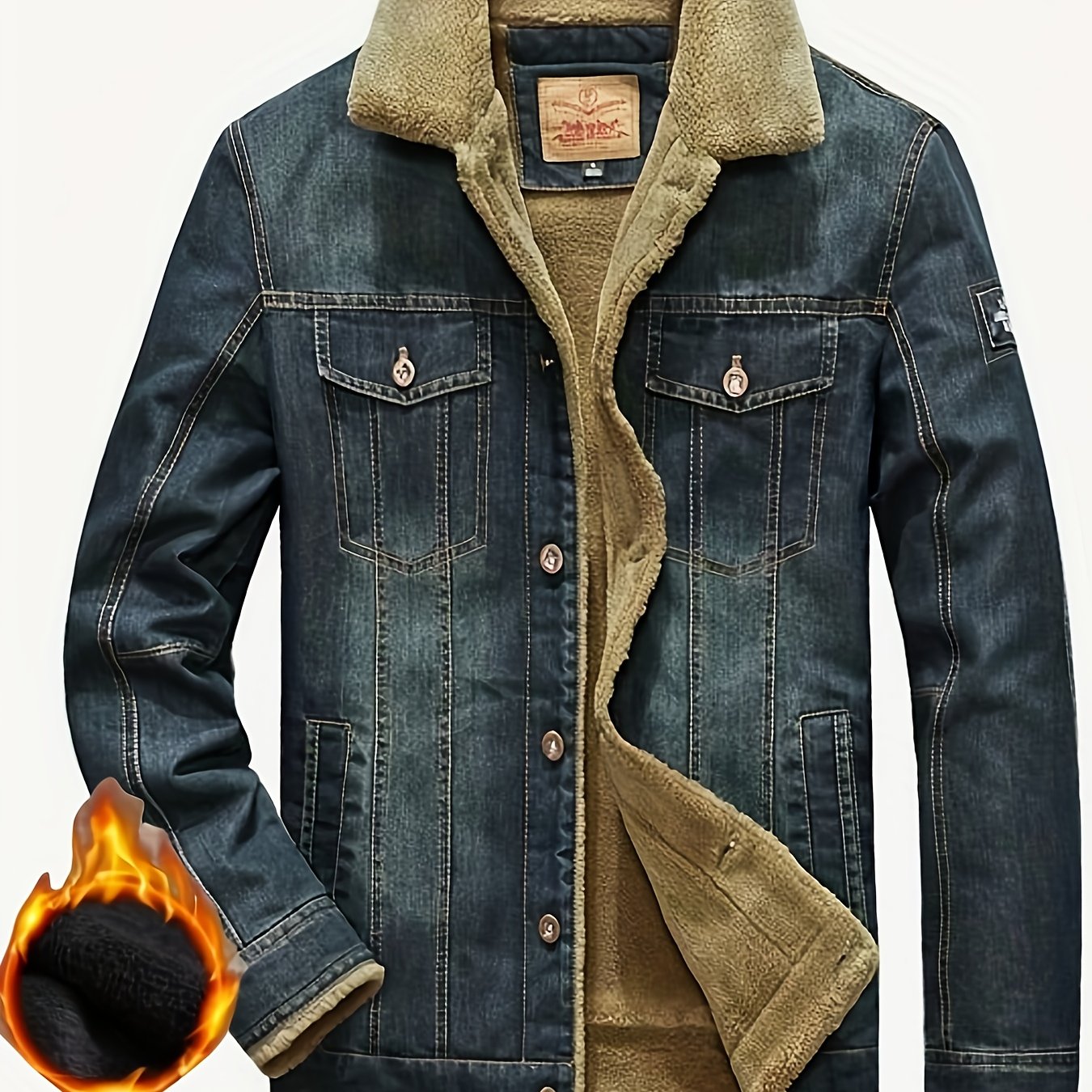 HME Denim Jacket With Lambskin Lining Winter Warmth Full Zip Closure Slim Fit Long Sleeve Casual Outerwear With Pockets