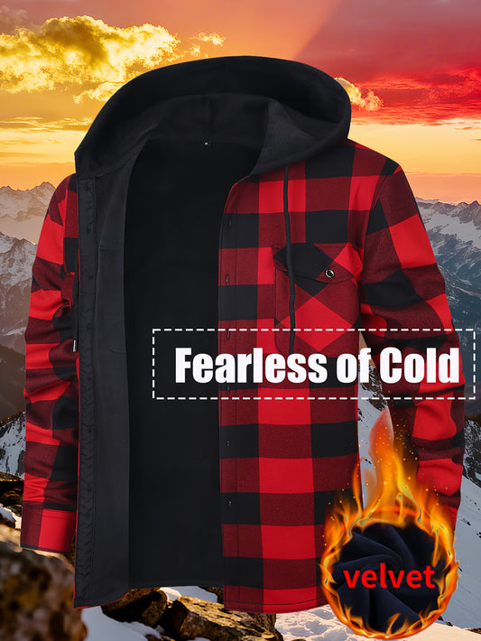Men's Heavy Duty Windproof Hooded Jacket Thermal Insulated Winter Coat Plaid Pattern Outerwear For Cold Weather
