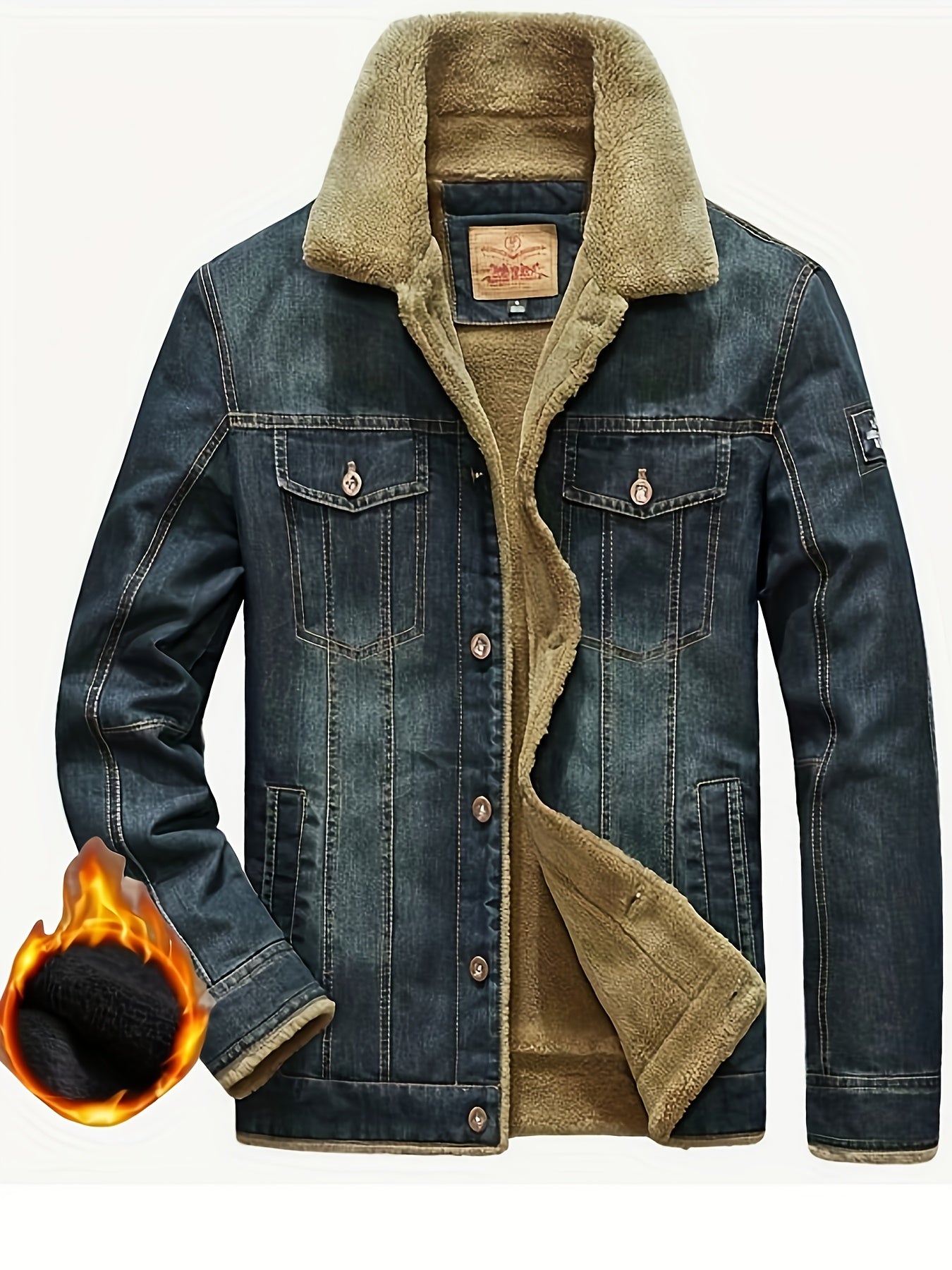 HME Denim Jacket With Lambskin Lining Winter Warmth Full Zip Closure Slim Fit Long Sleeve Casual Outerwear With Pockets