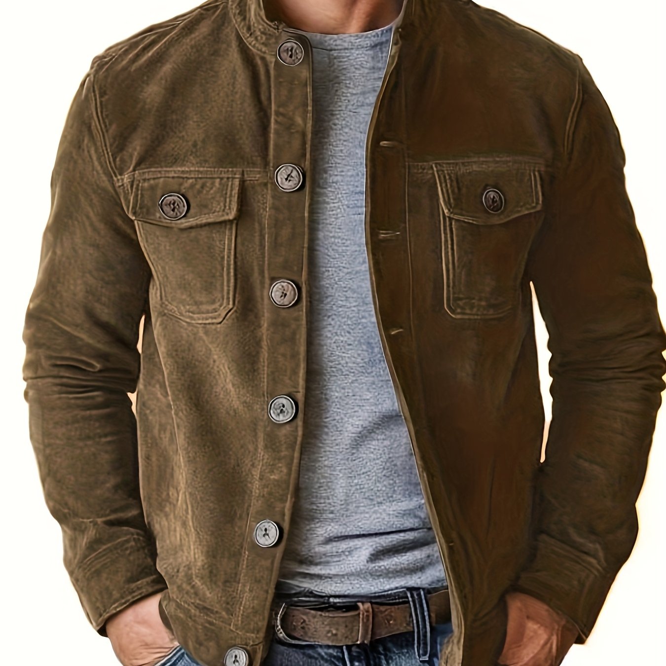 Mens Suede Jacket With Stand Collar And Retro Buttons For Business Casual And Everyday Wear