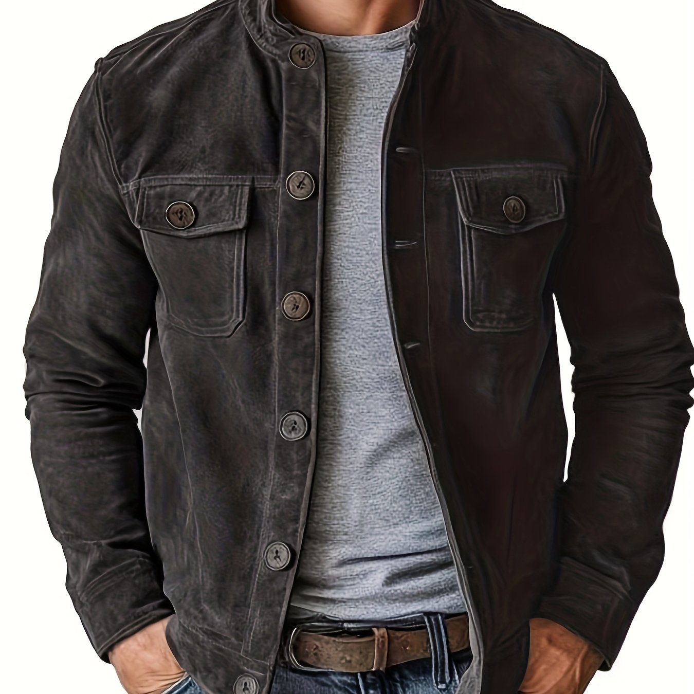 Mens Suede Jacket With Stand Collar And Retro Buttons For Business Casual And Everyday Wear