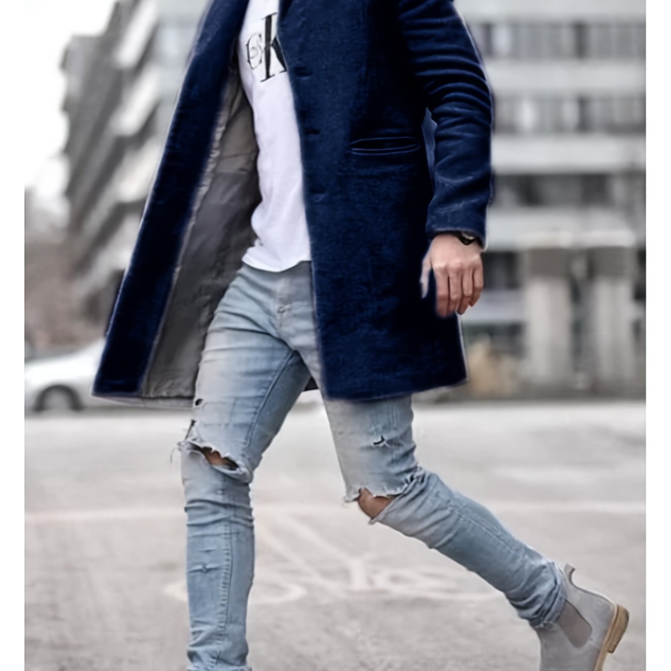 Mens Winter Jacket Stand Collar Mid Length Windbreaker Coat Outerwear With Button Front Closure