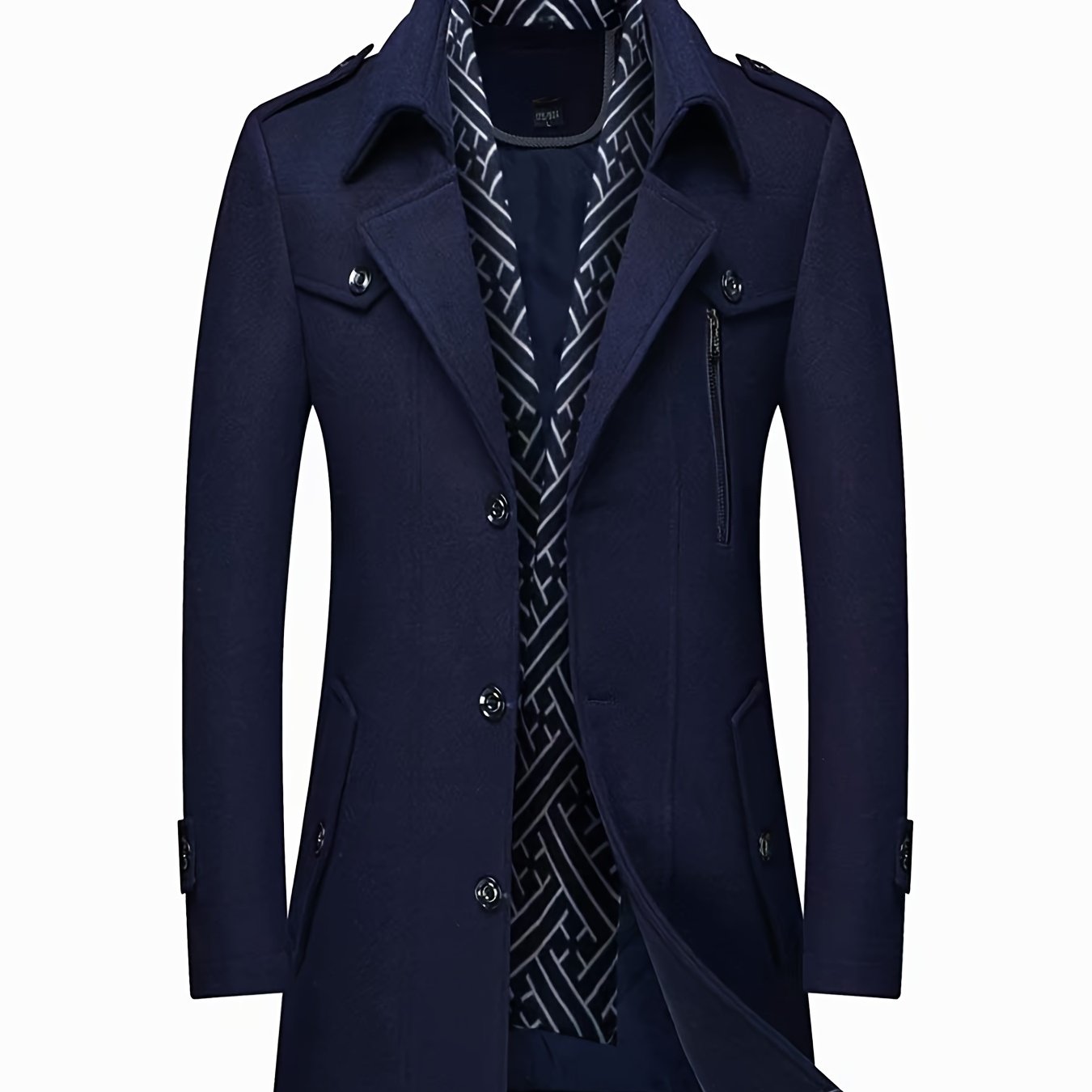 Mens Wool Blend Winter Coat With Detachable Scarf Collar Single Breasted Trench Coat For Cold Weather