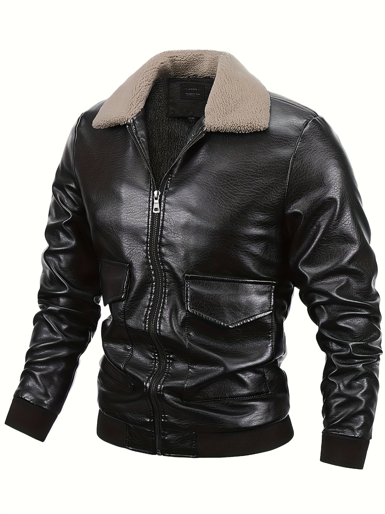 Men's Winter Flight Jacket Faux Leather Tactical Biker Style With Plush Lining And Windproof Full Zip