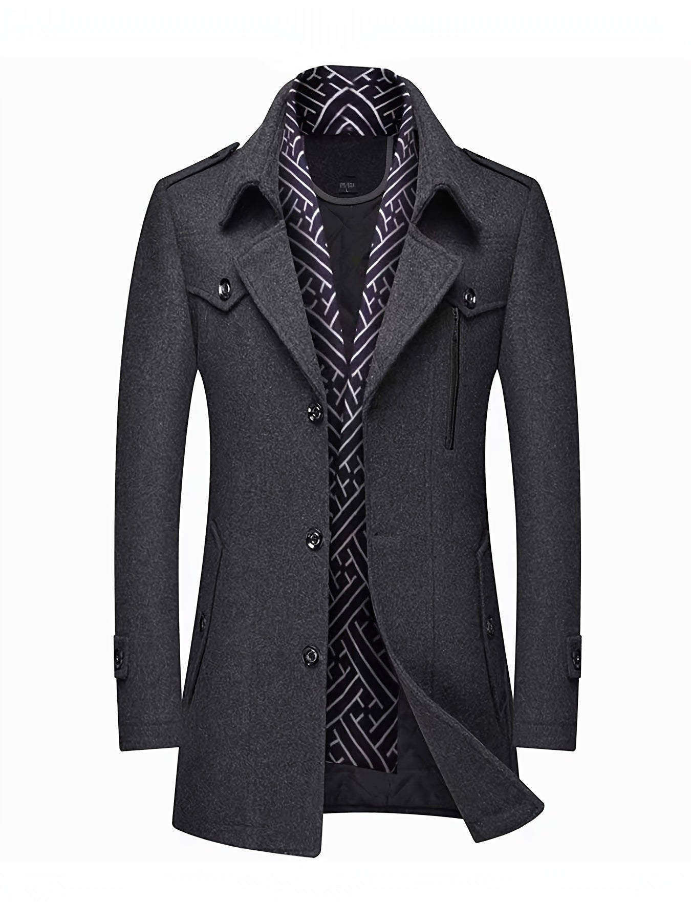 Mens Wool Blend Winter Coat With Detachable Scarf Collar Single Breasted Trench Coat For Cold Weather