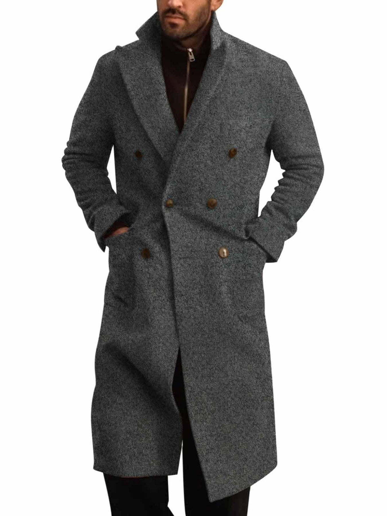 Men's Classic Double Breasted Trench Coat With Notched Lapel And Warm Polyester Lining For Winter