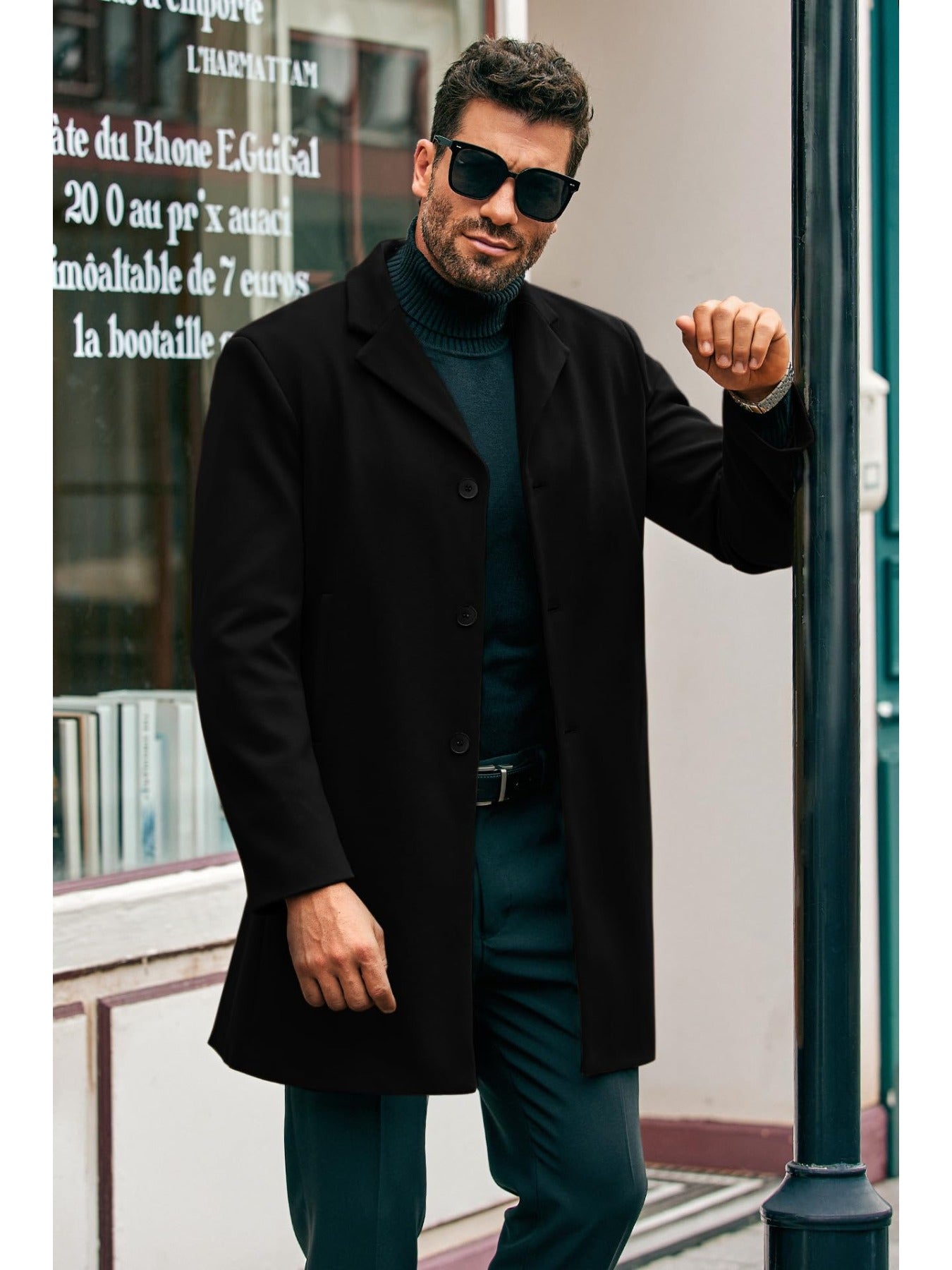 Mens Elegant Trench Coat Slim Fit With Single Breasted Button Closure Notch Lapel Pockets Outerwear