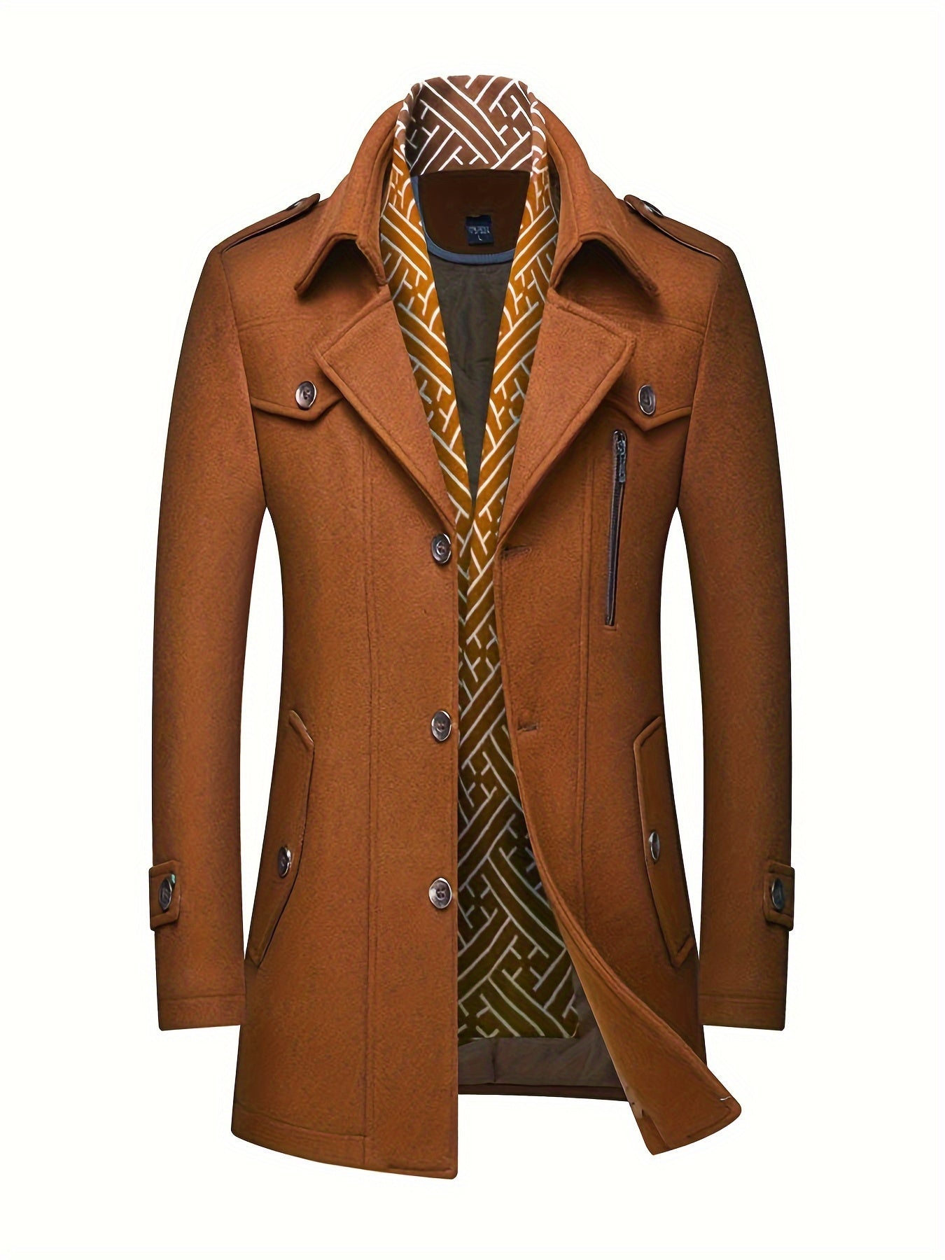 Mens Wool Blend Winter Coat With Detachable Scarf Collar Single Breasted Trench Coat For Cold Weather