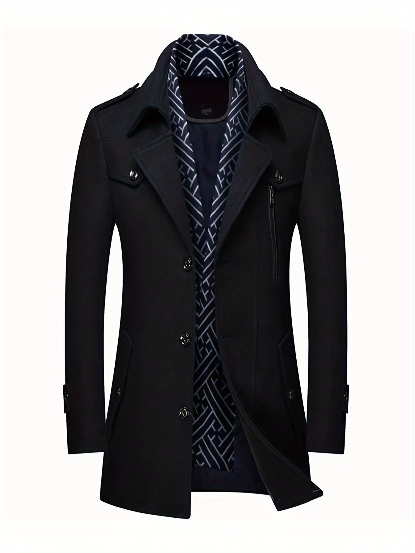 Mens Wool Blend Winter Coat With Detachable Scarf Collar Single Breasted Trench Coat For Cold Weather