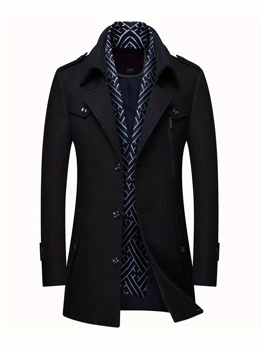 Mens Wool Blend Winter Coat With Detachable Scarf Collar Single Breasted Trench Coat For Cold Weather