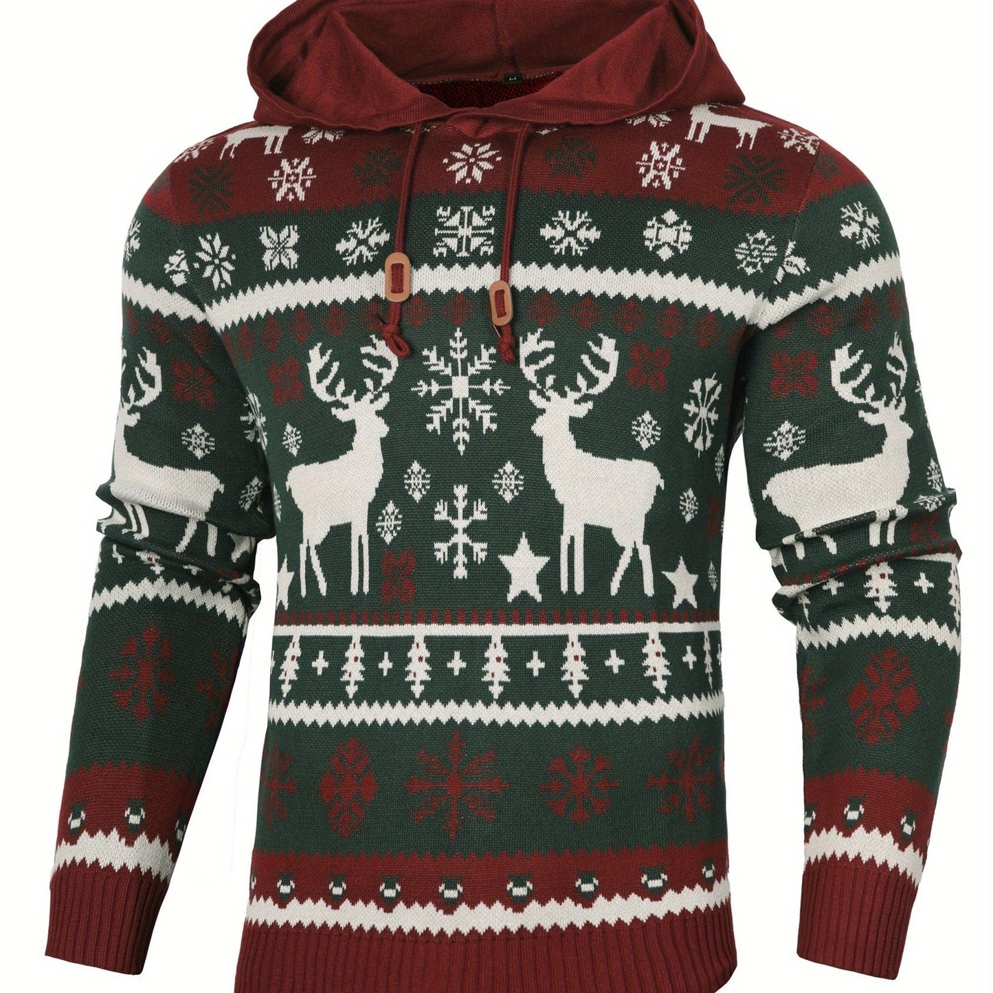 Mens Christmas Hooded Sweater Knit Hoodie Nordic Reindeer Snowflake Pullover Casual Fit