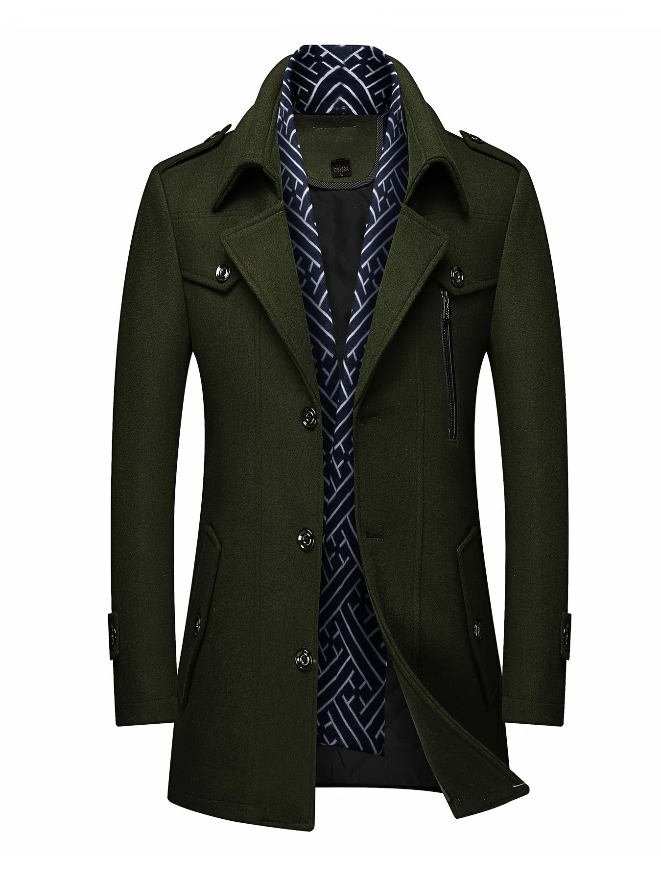 Mens Wool Blend Winter Coat With Detachable Scarf Collar Single Breasted Trench Coat For Cold Weather