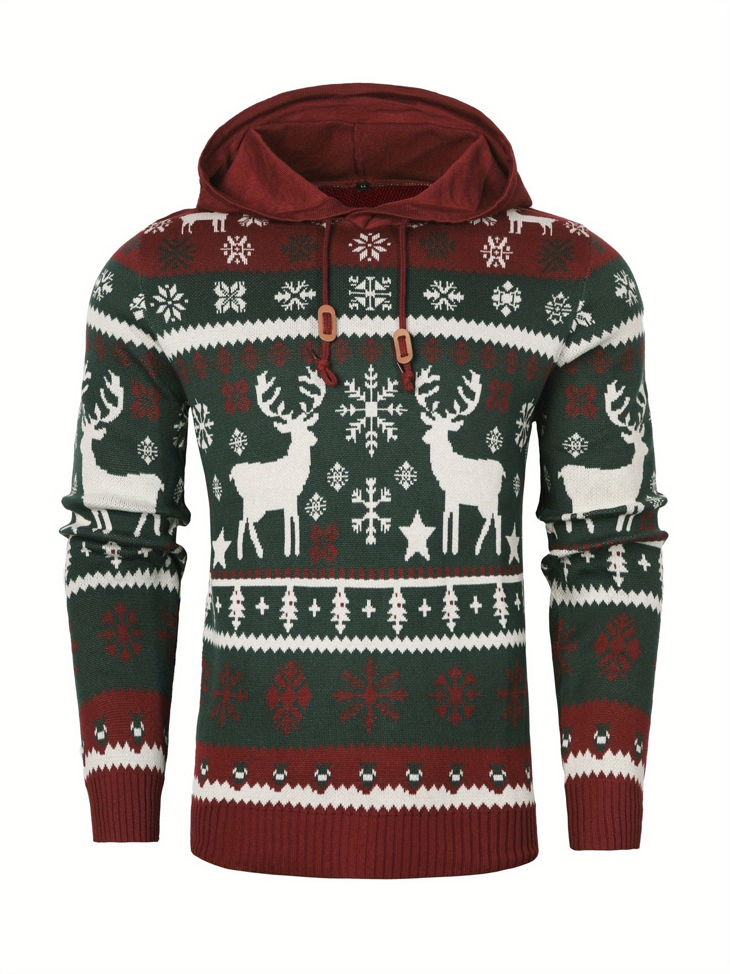 Mens Christmas Hooded Sweater Knit Hoodie Nordic Reindeer Snowflake Pullover Casual Fit
