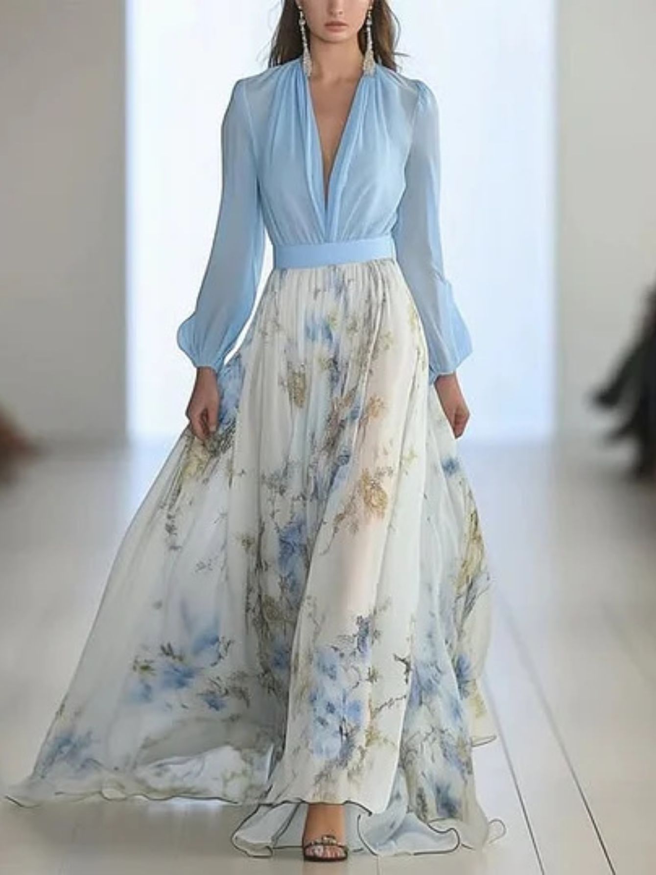 Elegant Women's Bohemian Floral Print V-Neck Long Sleeve Dress - Lightweight Flowy A-Line Maxi with Puff Sleeves, Machine Washable, for Spring Summer Fall Casual & Formal Events, Parties, Dates, Date Night Outfit, Party Attir