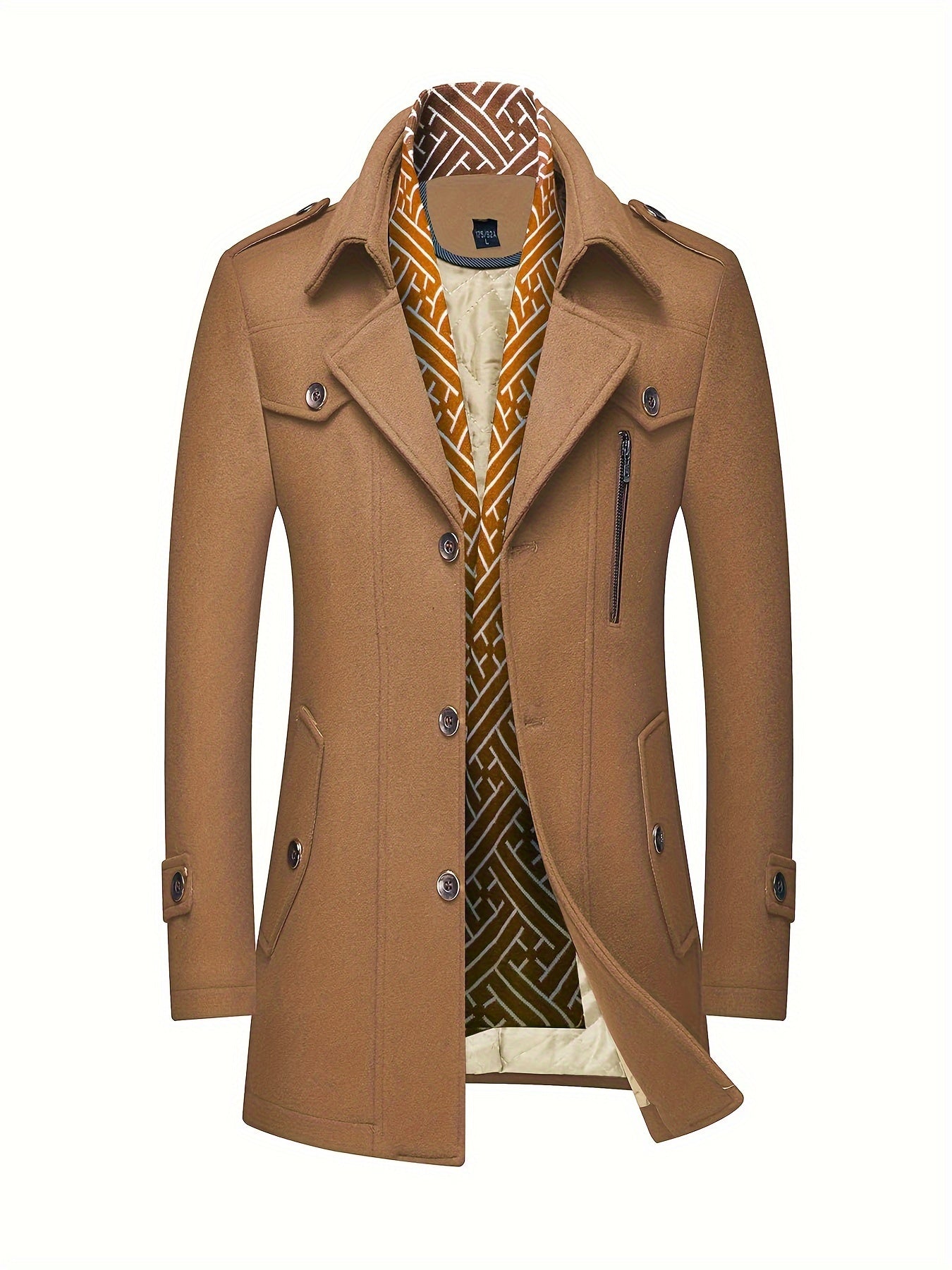 Mens Wool Blend Winter Coat With Detachable Scarf Collar Single Breasted Trench Coat For Cold Weather