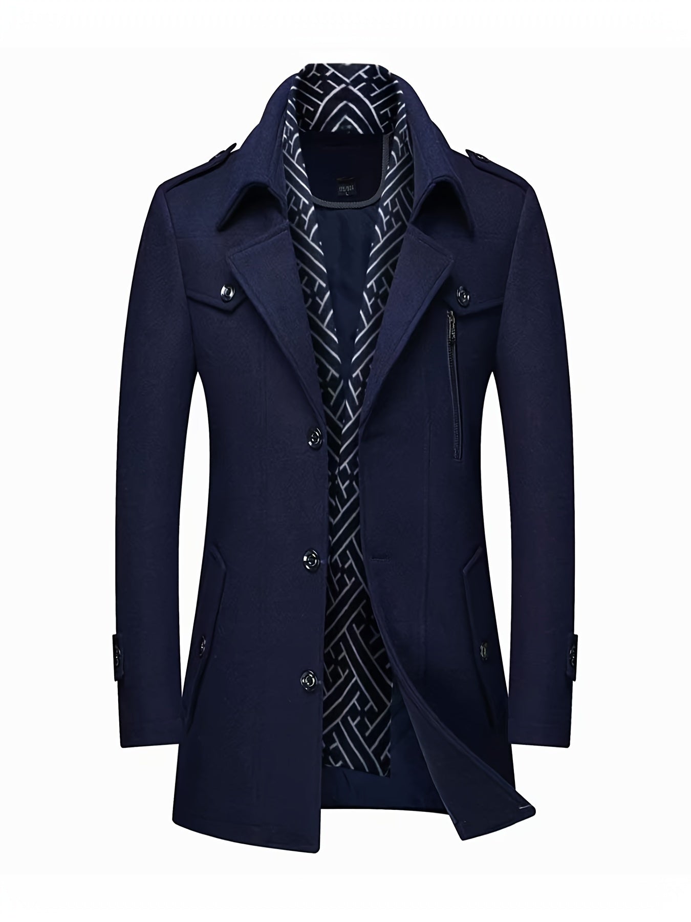 Mens Wool Blend Winter Coat With Detachable Scarf Collar Single Breasted Trench Coat For Cold Weather