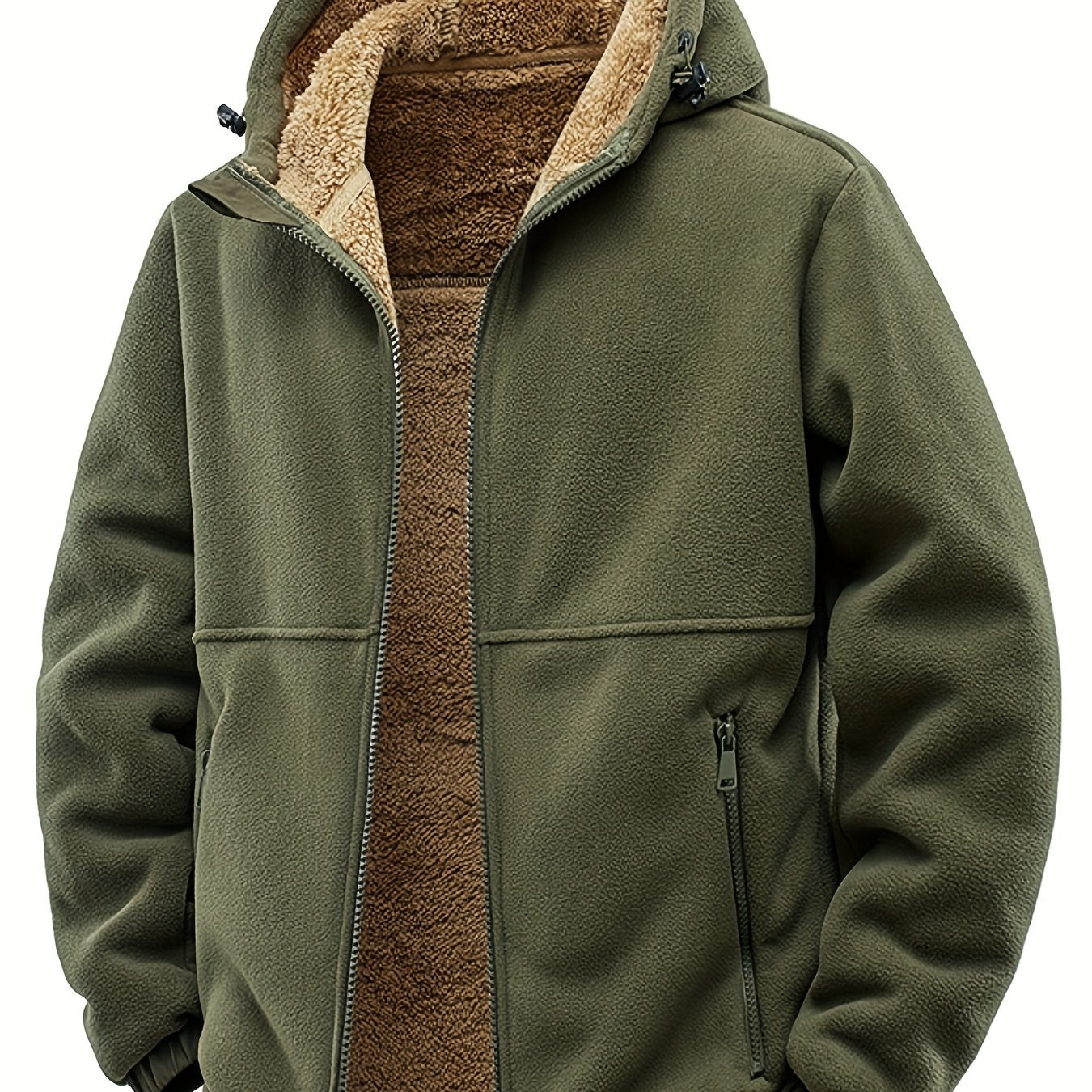 Mens Thick Synthetic Like Hooded Jacket Windproof Winter Coat Full Zip Relaxed Fit Camping Outerwear