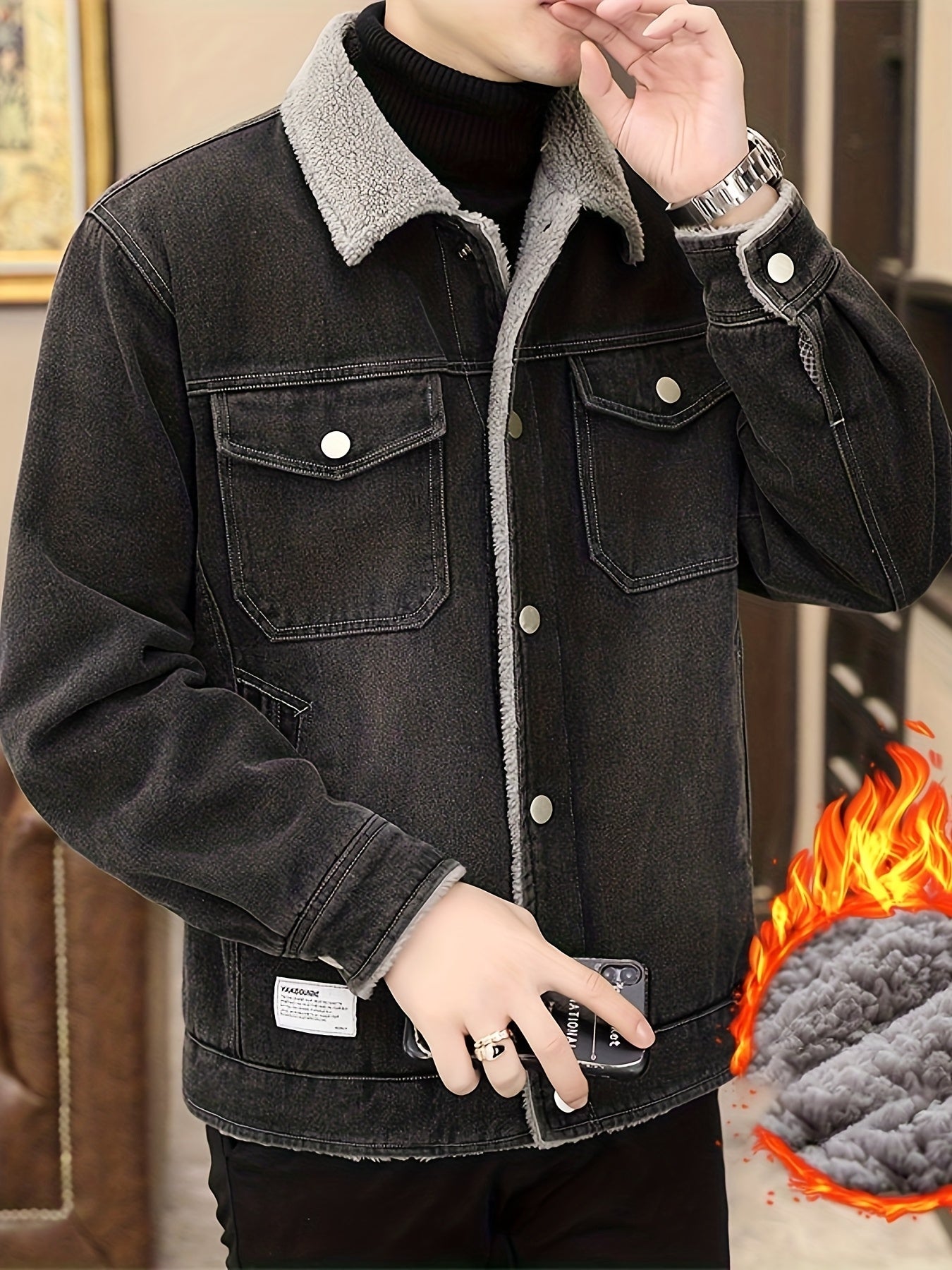 Mens Fleece Lined Faux Denim Jacket Warm Winter Coat With Classic Collar Button Closure