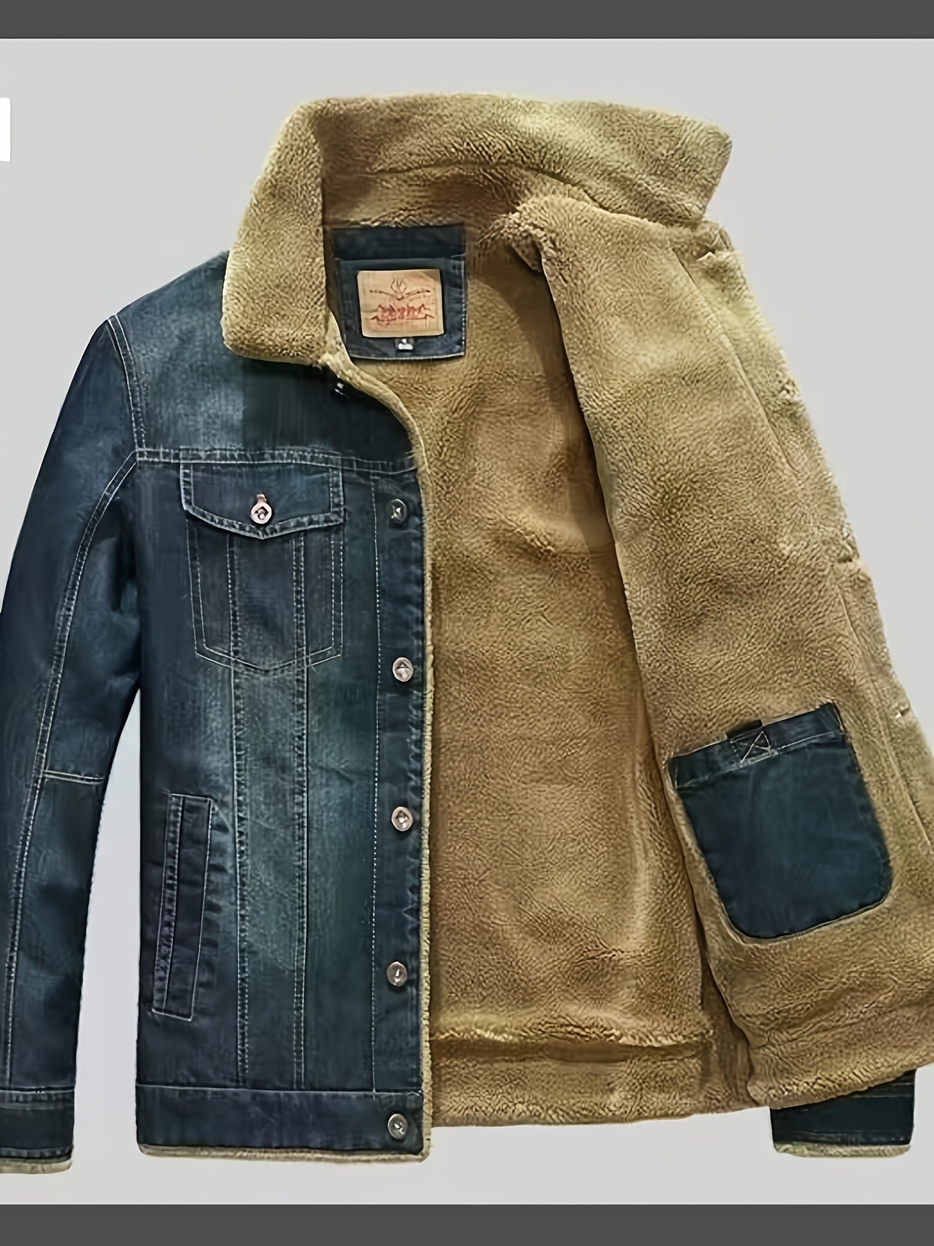HME Denim Jacket With Lambskin Lining Winter Warmth Full Zip Closure Slim Fit Long Sleeve Casual Outerwear With Pockets