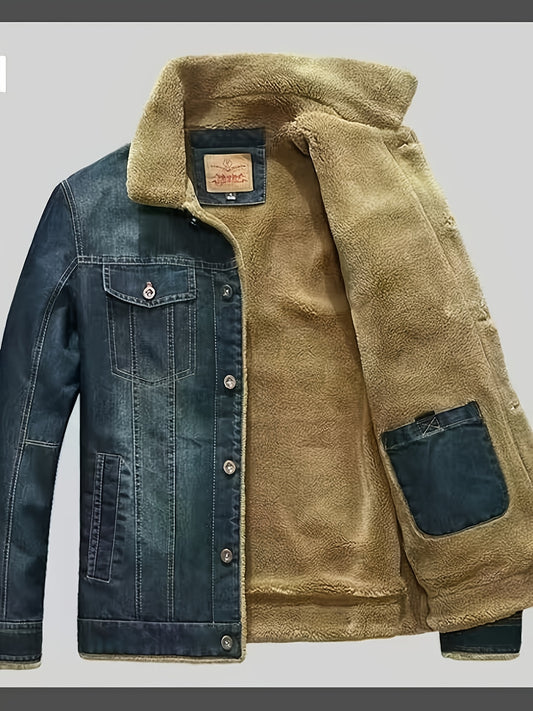HME Denim Jacket With Lambskin Lining Winter Warmth Full Zip Closure Slim Fit Long Sleeve Casual Outerwear With Pockets