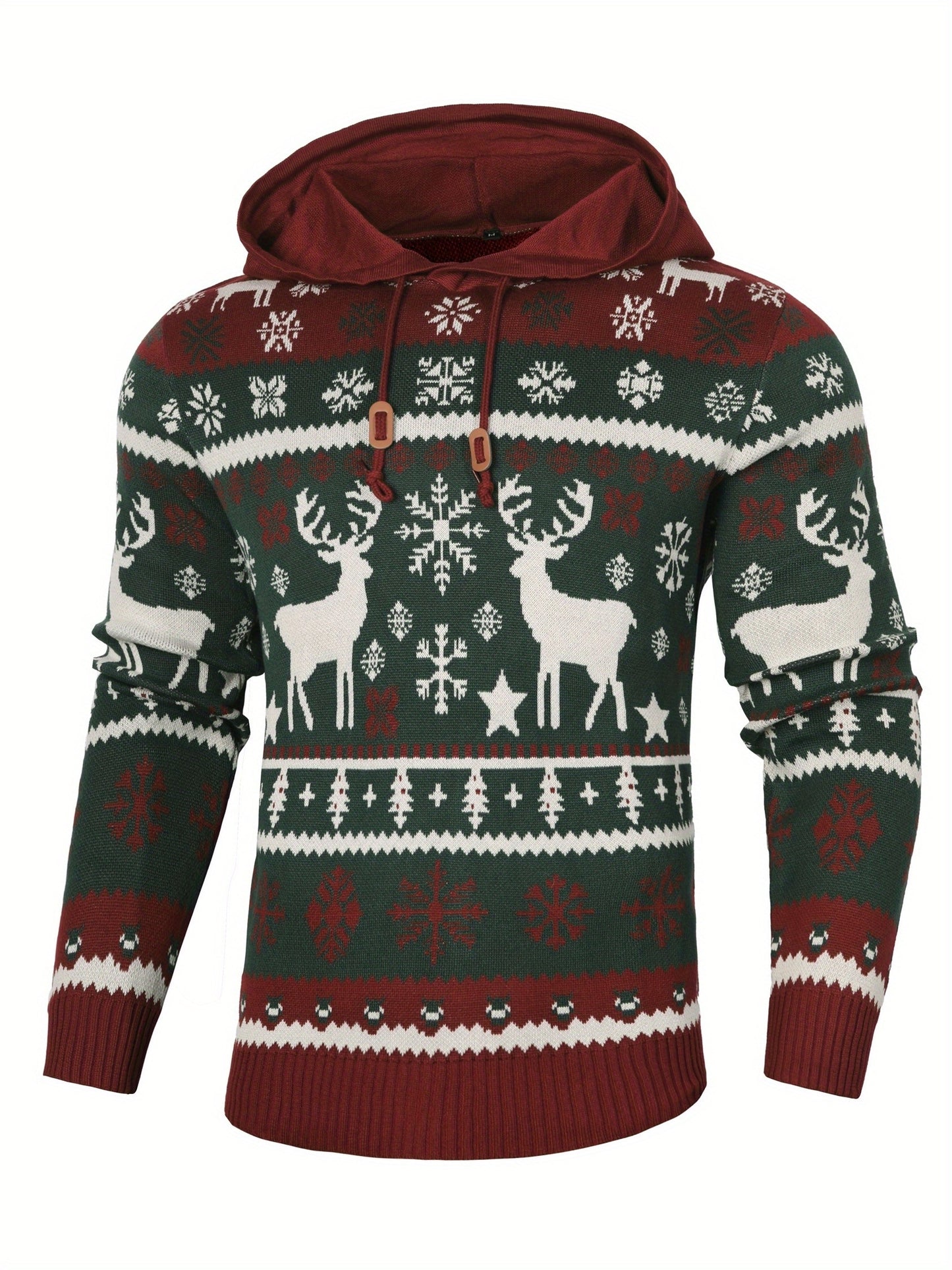 Mens Christmas Hooded Sweater Knit Hoodie Nordic Reindeer Snowflake Pullover Casual Fit
