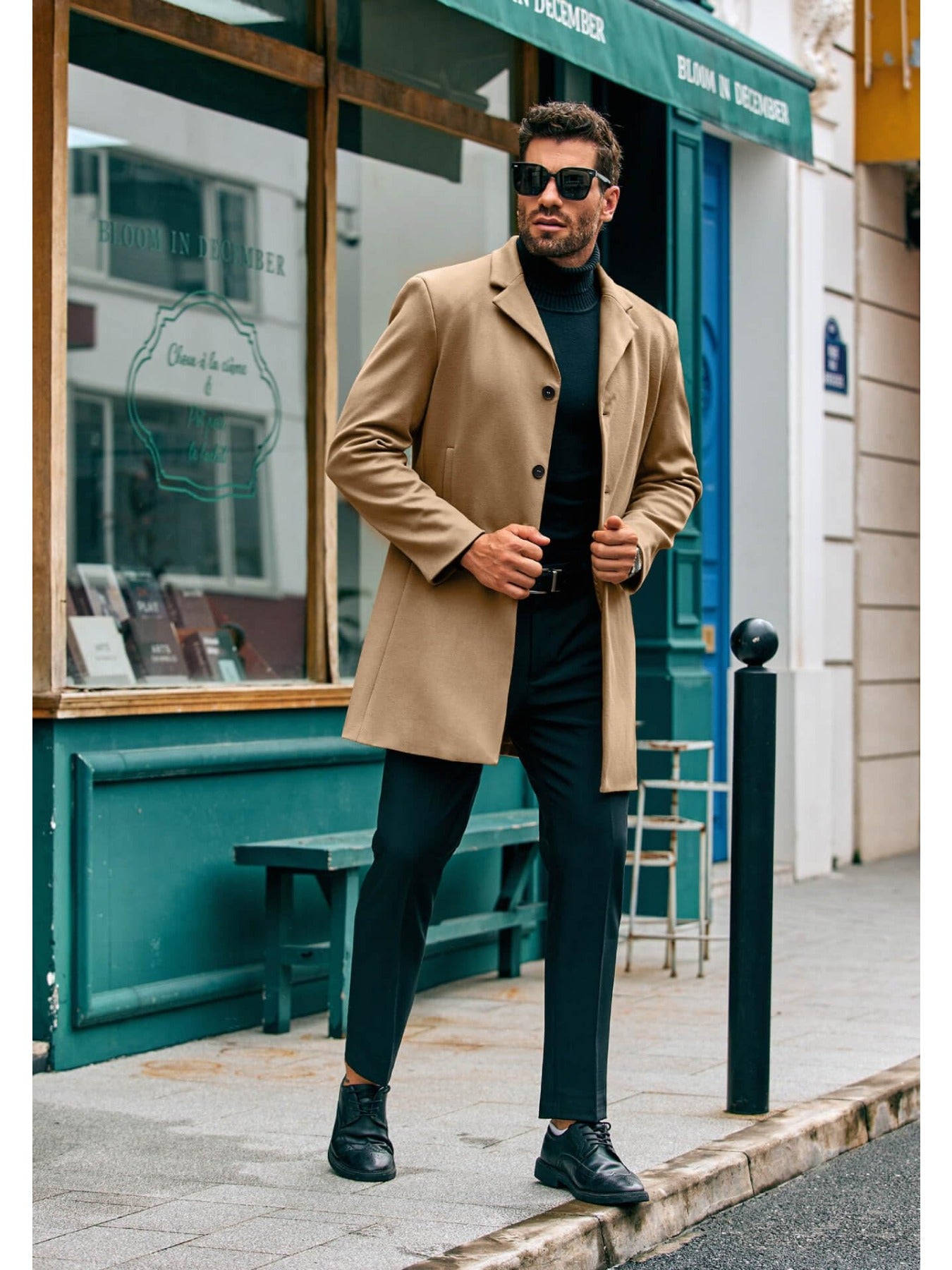 Mens Elegant Trench Coat Slim Fit With Single Breasted Button Closure Notch Lapel Pockets Outerwear