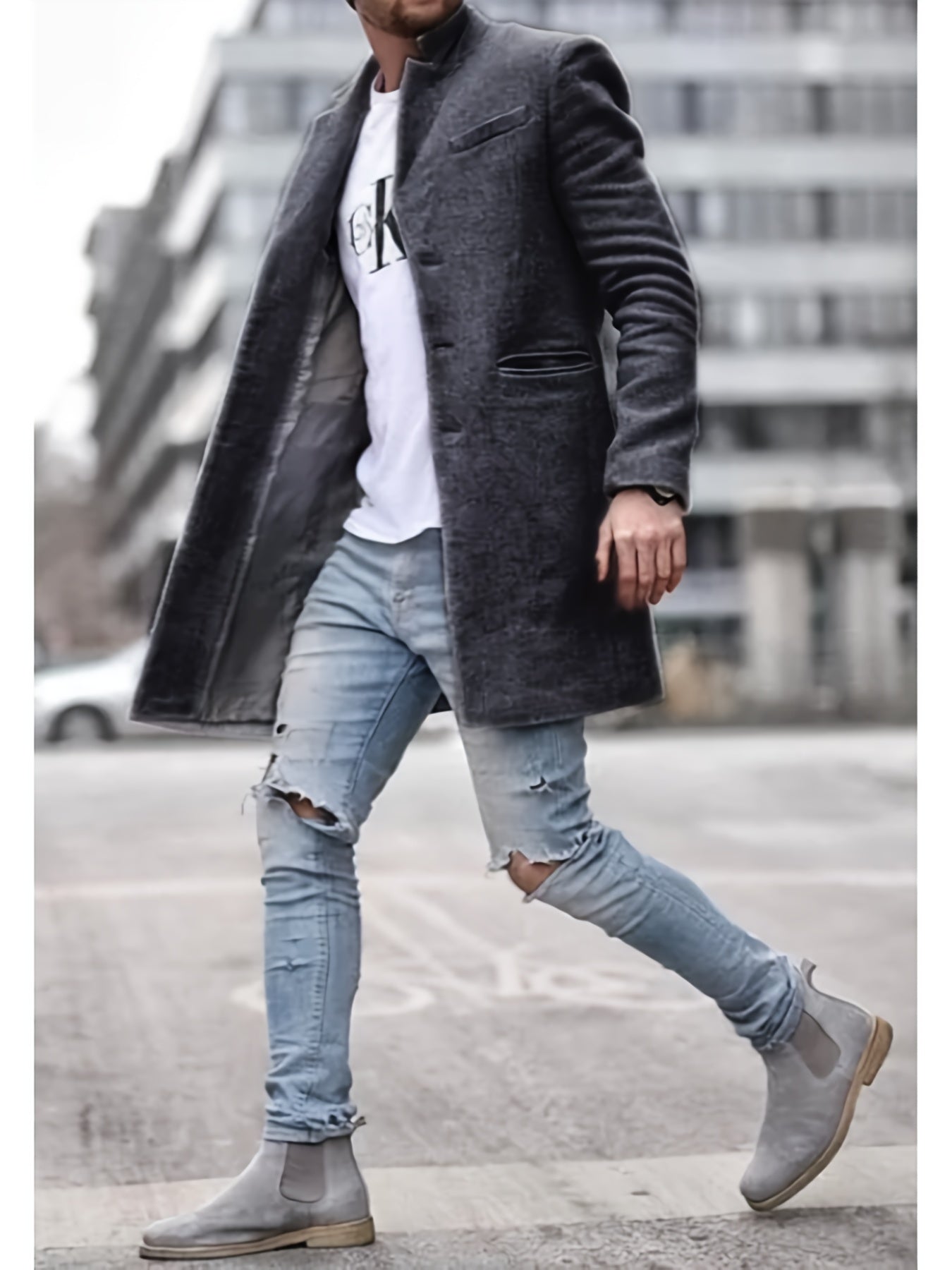 Mens Winter Jacket Stand Collar Mid Length Windbreaker Coat Outerwear With Button Front Closure