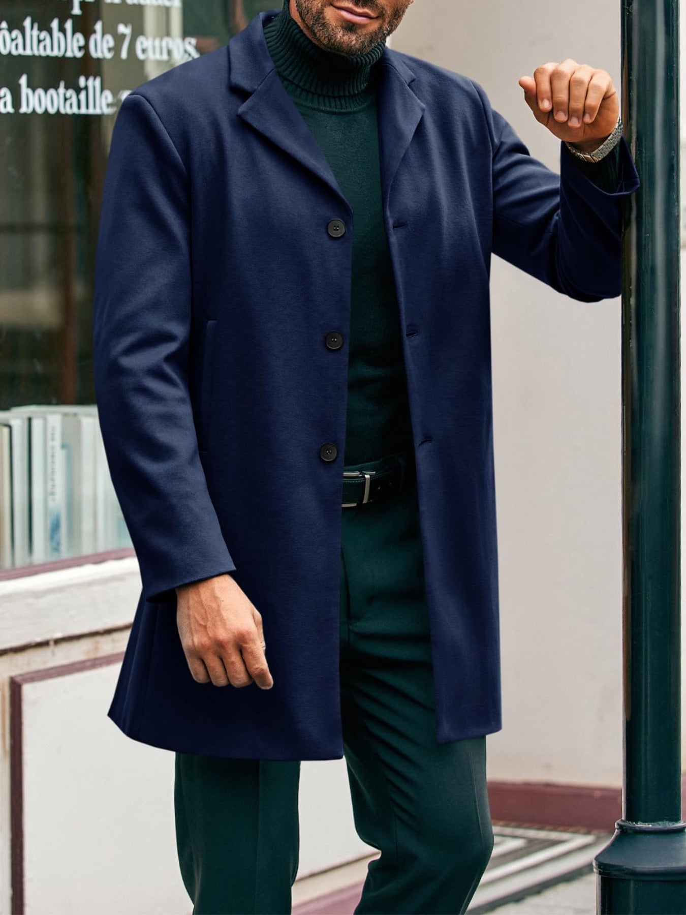 Mens Elegant Trench Coat Slim Fit With Single Breasted Button Closure Notch Lapel Pockets Outerwear