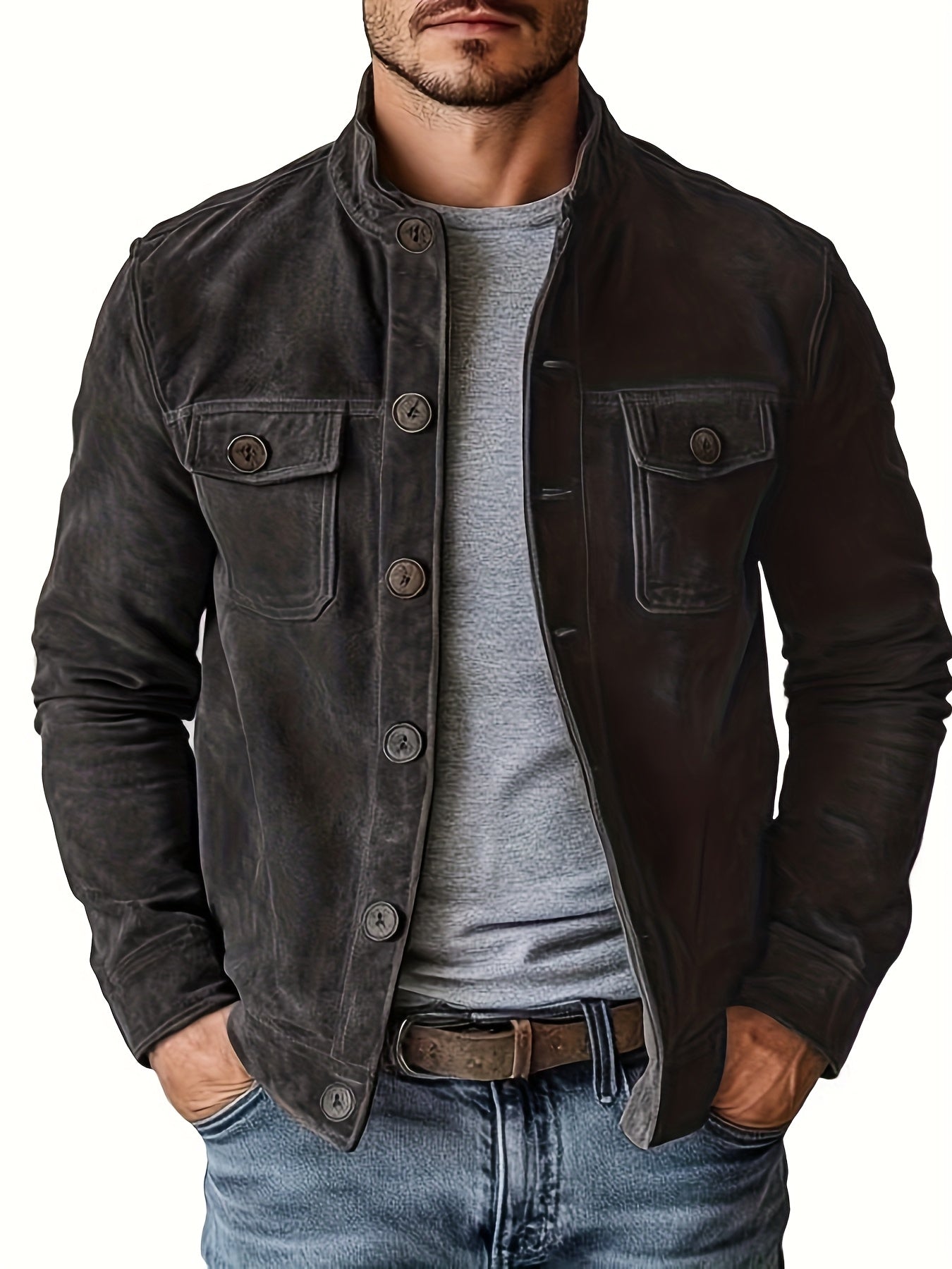 Mens Suede Jacket With Stand Collar And Retro Buttons For Business Casual And Everyday Wear