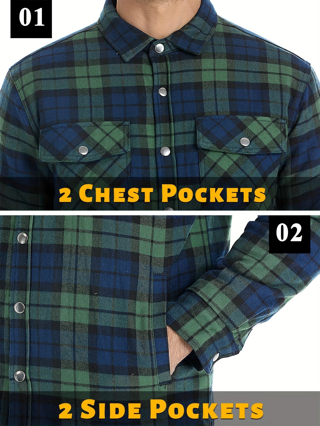Mens Winter Shirt Jacket Flannel Thermal Windproof Insulated Zippered StoragePockets