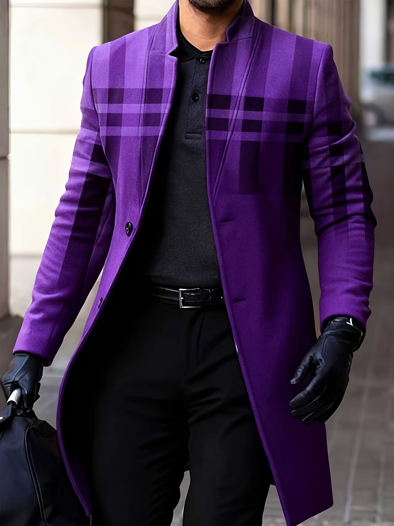 Men's Winter Windbreaker Jacket Stand Collar Coat Button Closure Machine Washable Outerwear Random Print