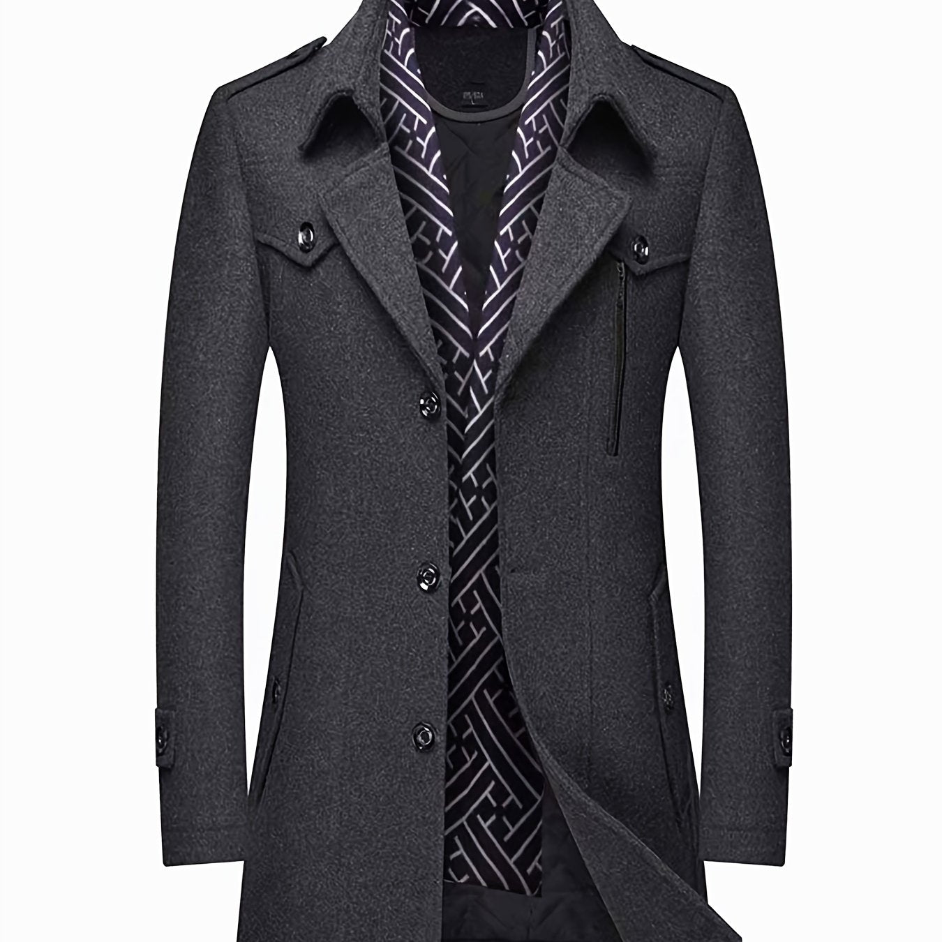 Mens Wool Blend Winter Coat With Detachable Scarf Collar Single Breasted Trench Coat For Cold Weather