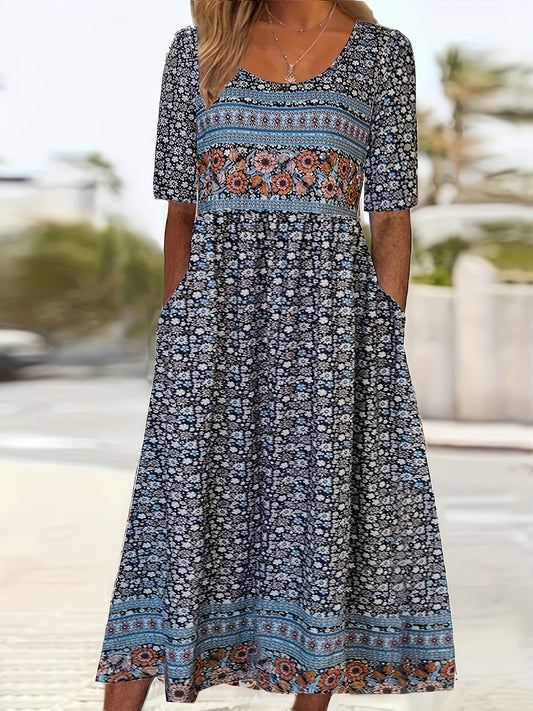 2025 Summer Ladies Casual Bohemian Dress Short Sleeve Crew Neck Pocket Dress Loose Casual Dress Bohemian Beach Dress