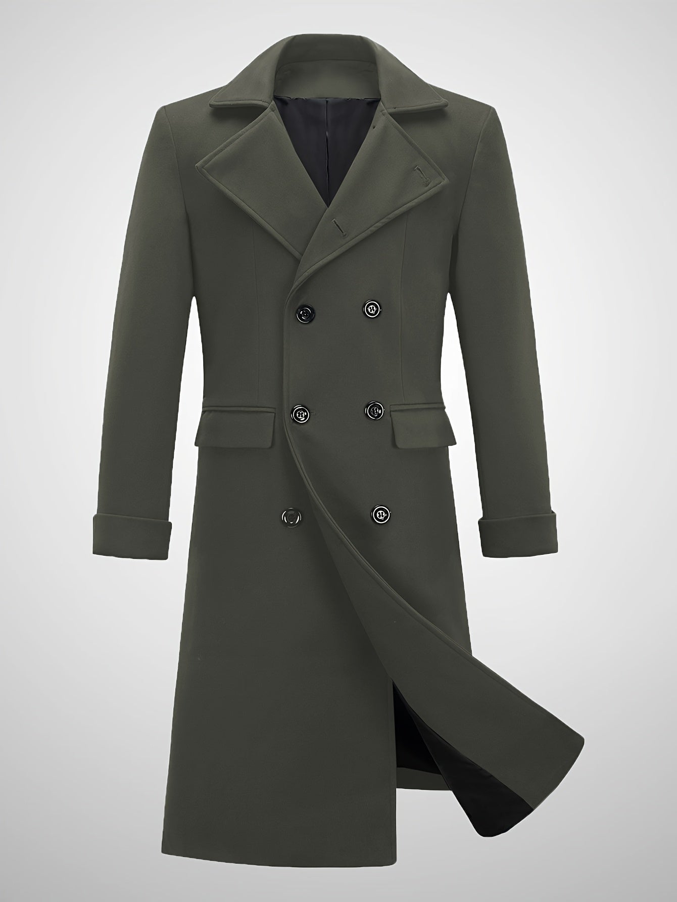 Mens Classic Long Trench Coat Double Breasted Pea Coat Warm Winter Overcoat With Pockets