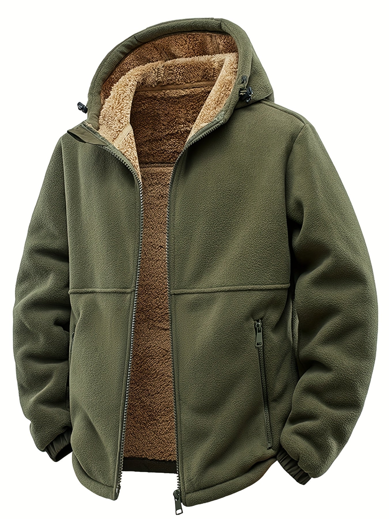 Mens Thick Synthetic Like Hooded Jacket Windproof Winter Coat Full Zip Relaxed Fit Camping Outerwear