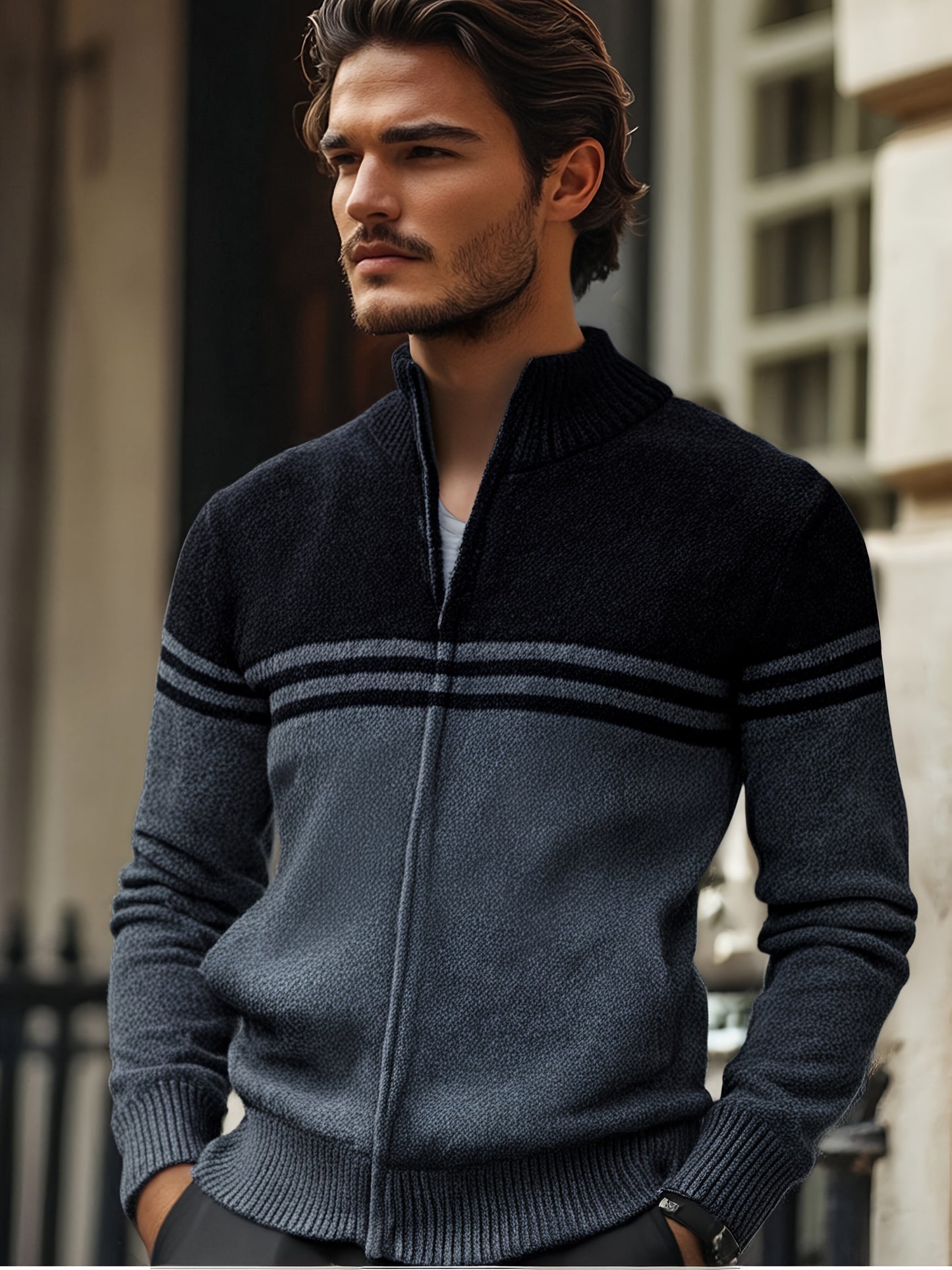 Mens Slim Fit Zip Up Cardigan Jacket Thick Warm Knit Coat With Full Zip Front For Office And Formal Wear