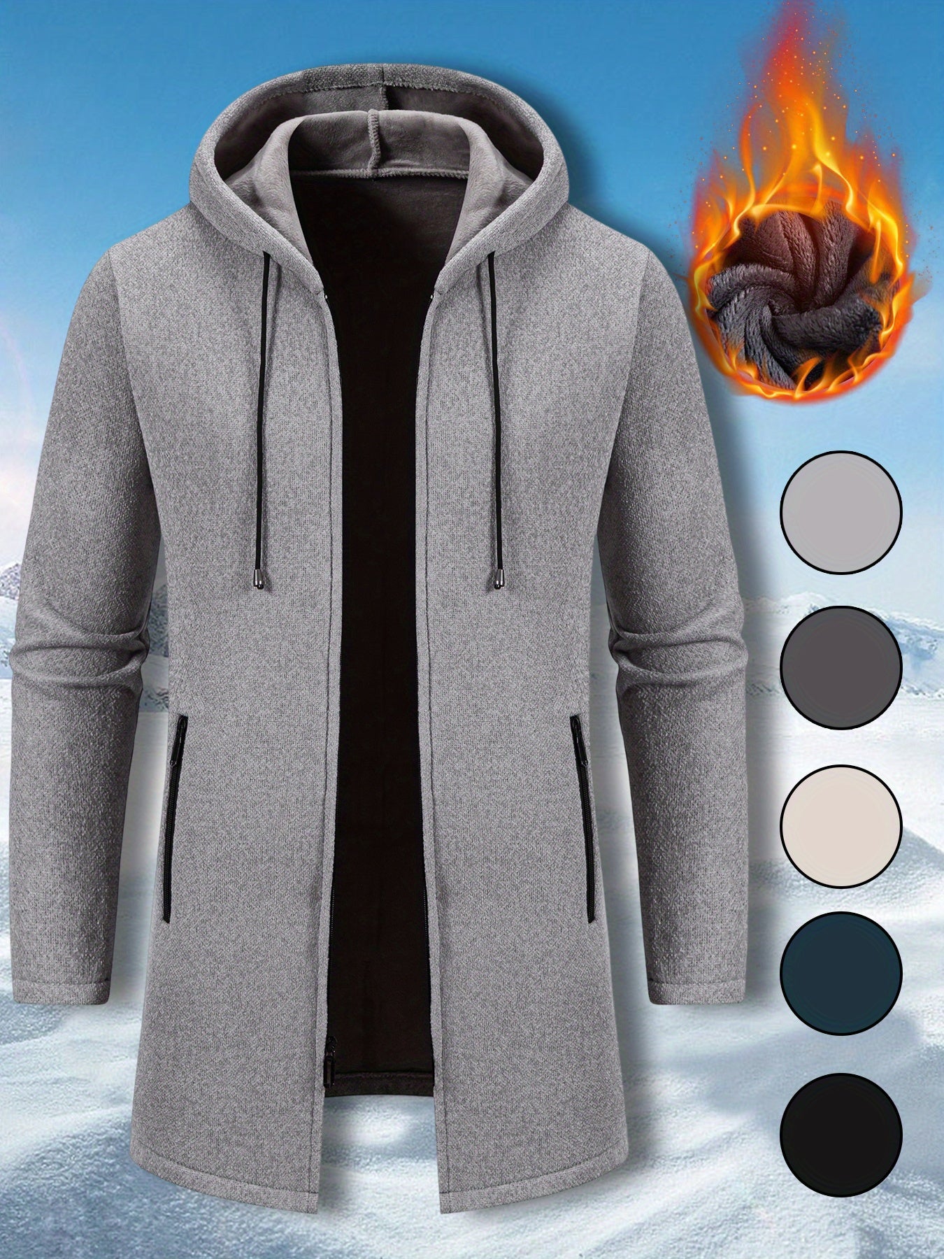 Men's Mid Length Hooded Jacket With Zipper Closure Front Pockets And Split Hem Durable Polyester Coat