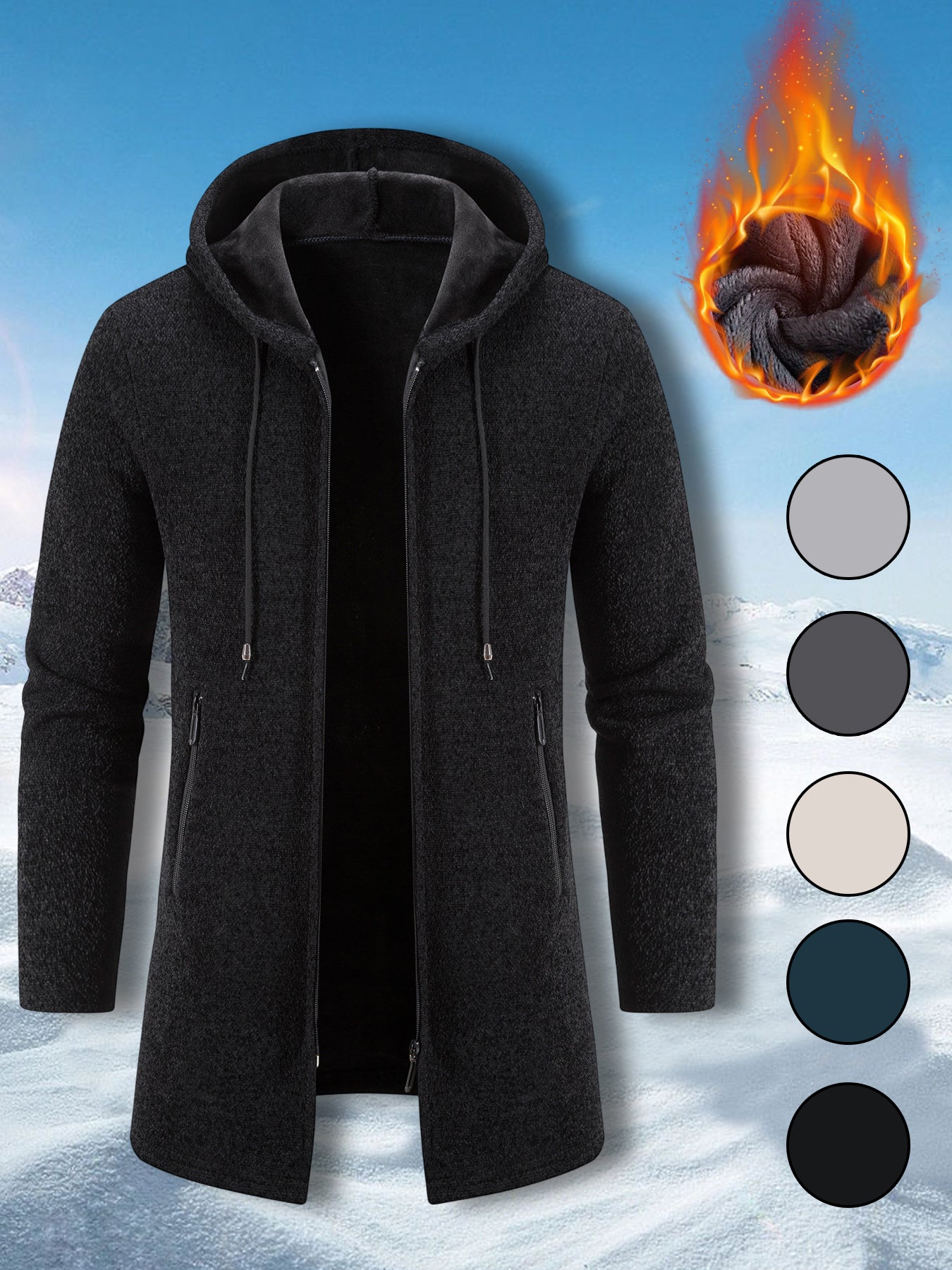 Men's Mid Length Hooded Jacket With Zipper Closure Front Pockets And Split Hem Durable Polyester Coat