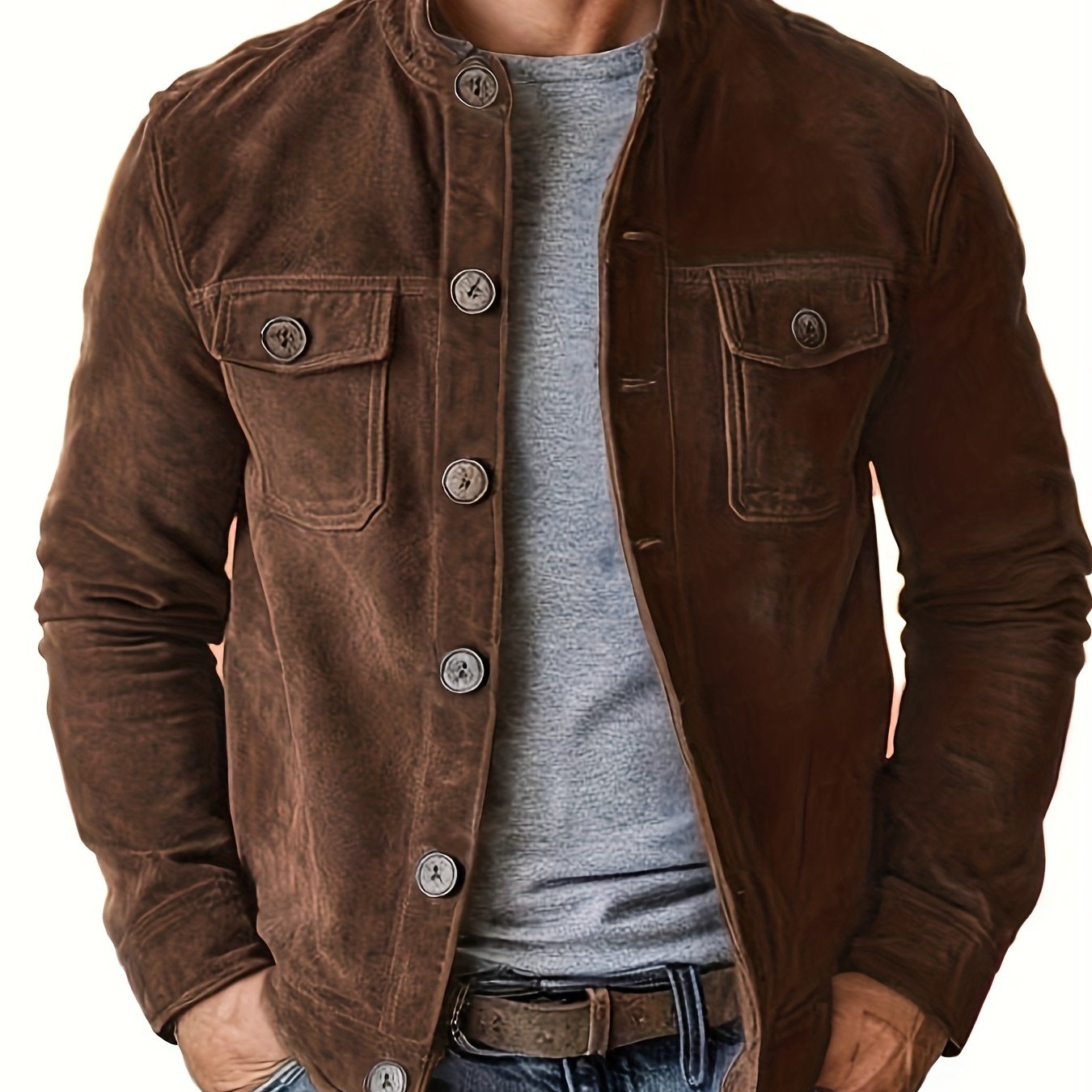 Mens Suede Jacket With Stand Collar And Retro Buttons For Business Casual And Everyday Wear
