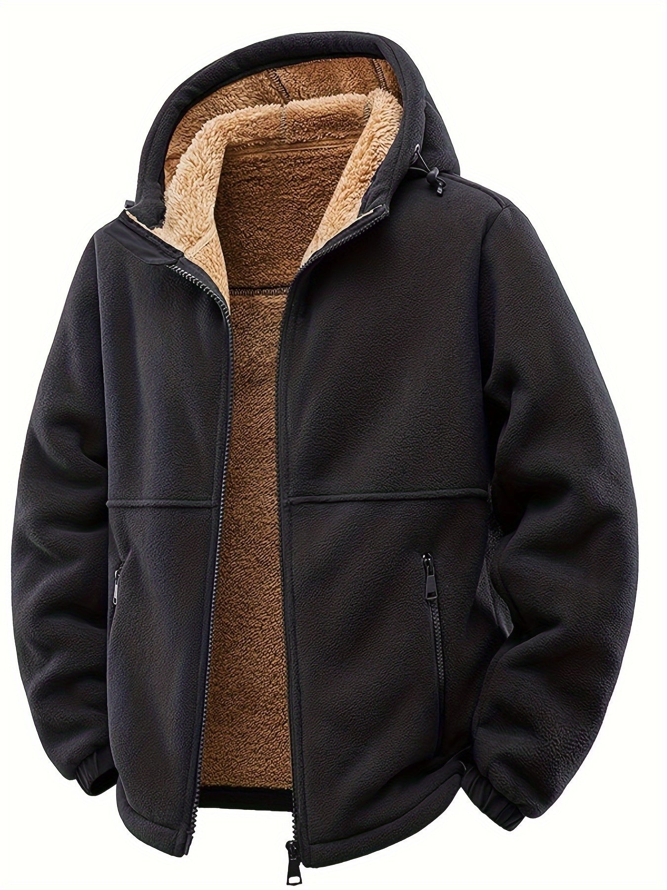 Mens Thick Synthetic Like Hooded Jacket Windproof Winter Coat Full Zip Relaxed Fit Camping Outerwear