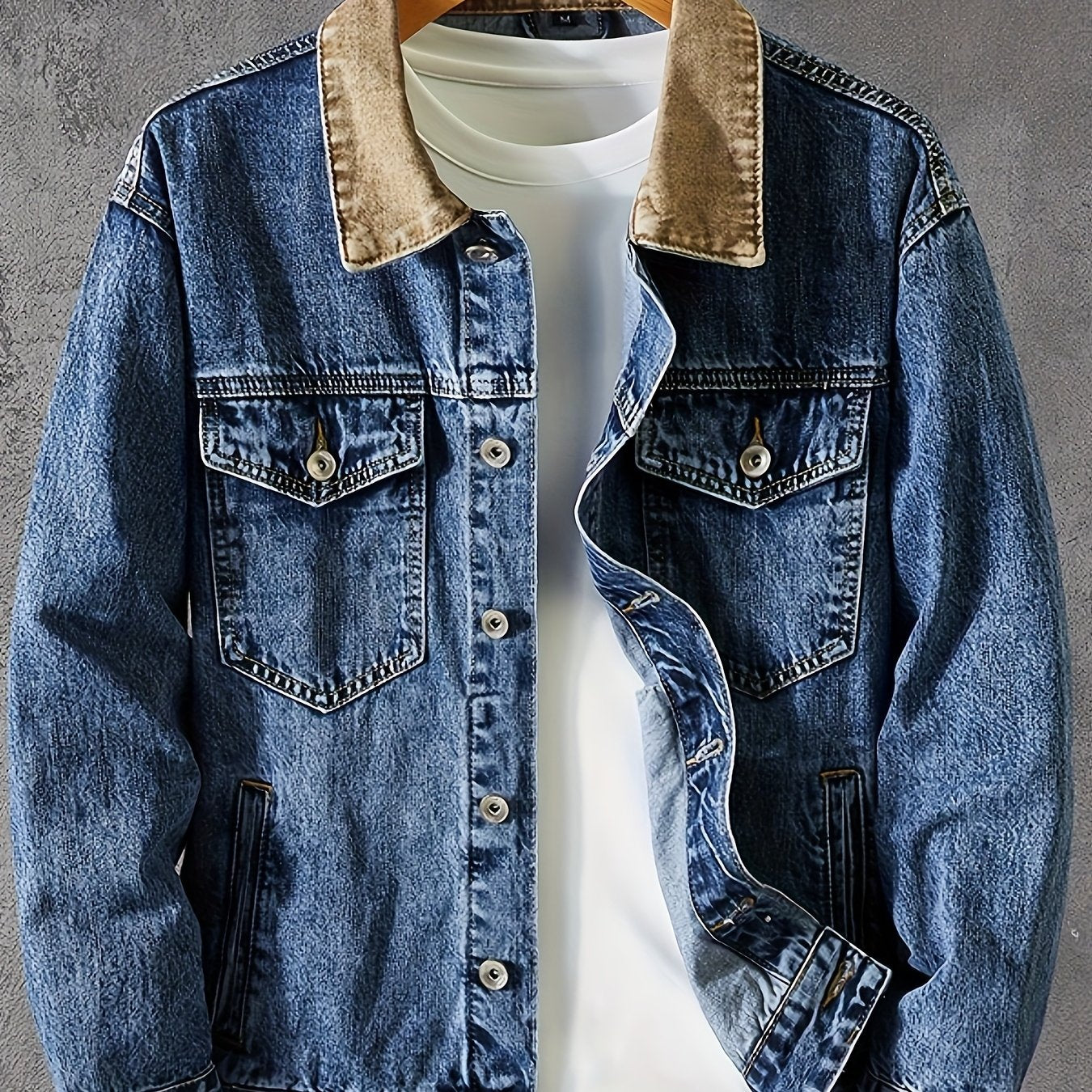 Men's Vintage Distressed Denim Jacket With Multi Pocket Design Deconstructed Collar And Single Breasted Button Front