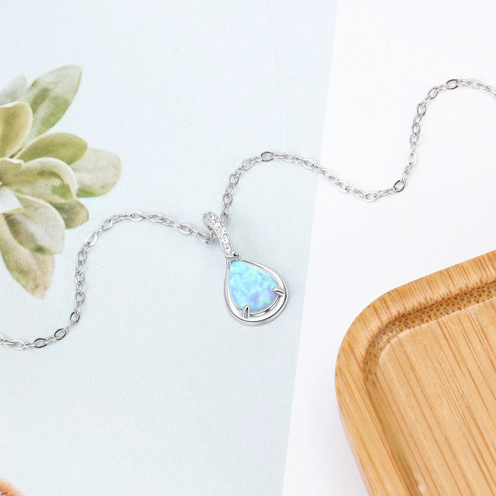 Sterling Silver Water Drop Blue Opal Pendant Necklace for Women - Ky Ky Kiwi