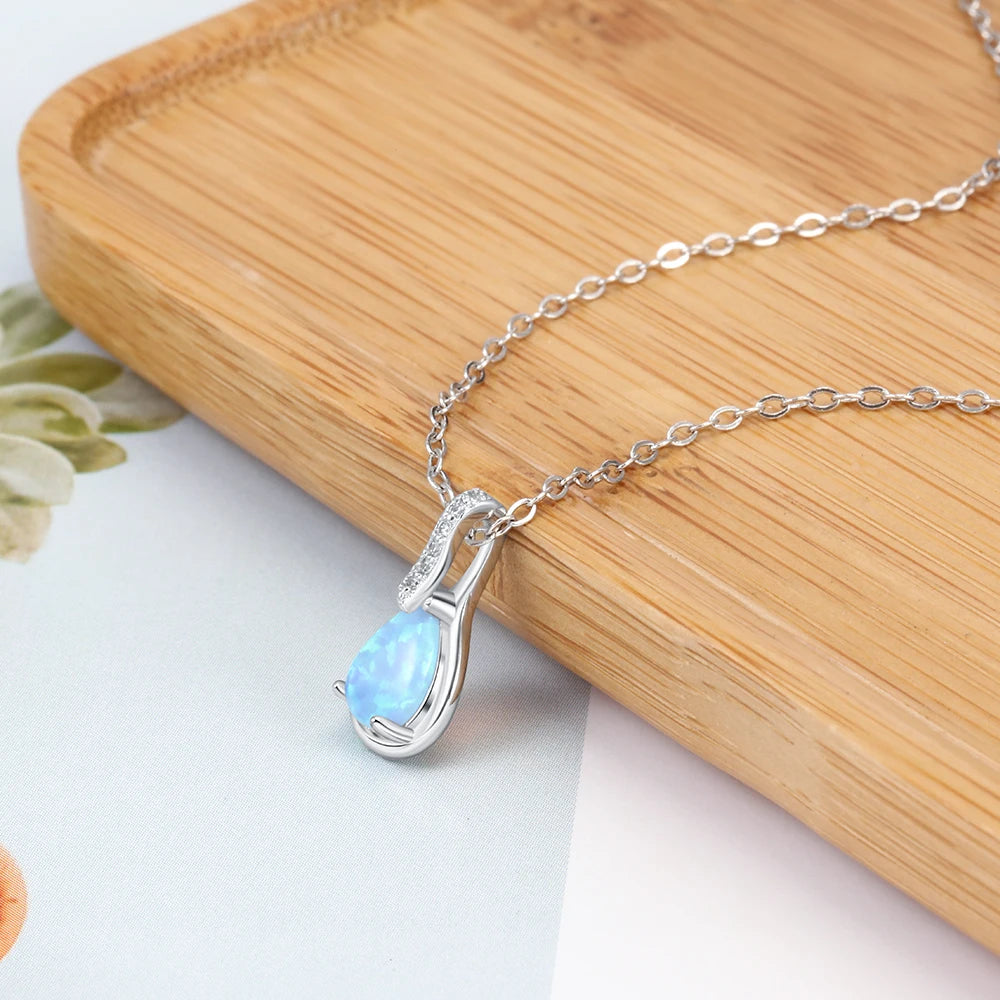 Sterling Silver Water Drop Blue Opal Pendant Necklace for Women - Ky Ky Kiwi