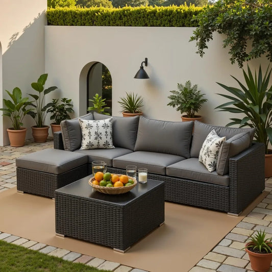 Modern 5 Piece Wicker Patio Furniture Set with Ottoman - Ky Ky Kiwi