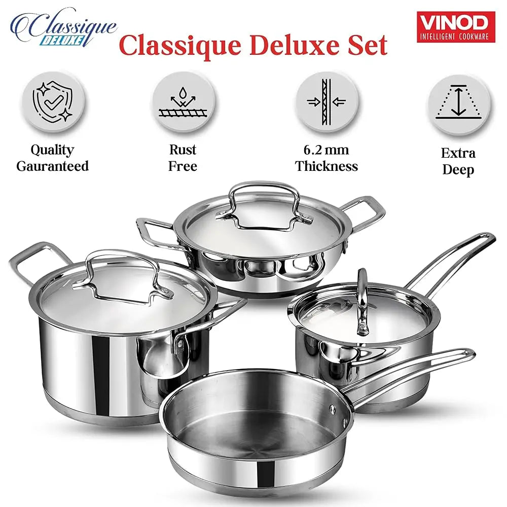 Classique Deluxe Stainl Steel Cookware Set Of 4 Pcs/Saucepan, Saucepot, Wok And Frypan/Steel Utensils Cooking Set For Kitchen,
