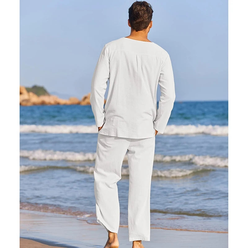 Men's Summer Cotton Linen Henley Shirt and Drawstring Pants Set - Ky Ky Kiwi